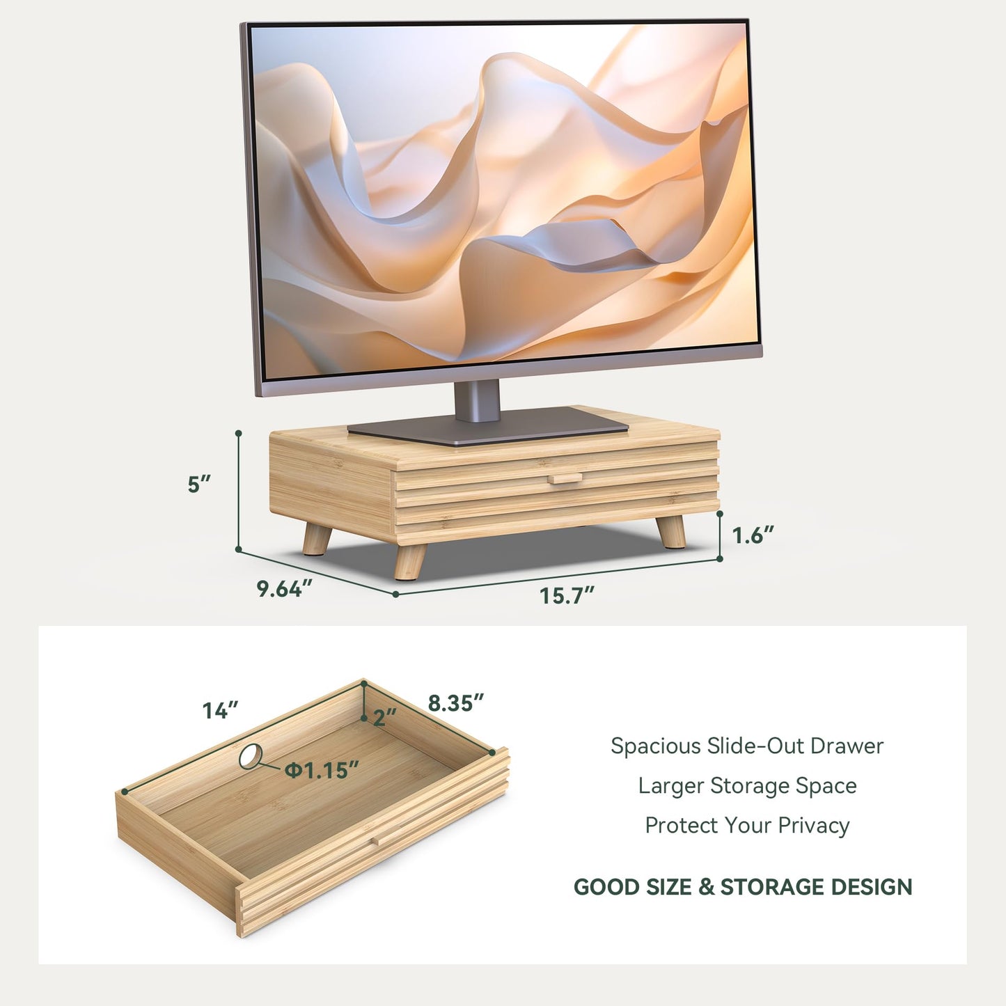 WELL WENG Bamboo Monitor Stand with Drawer - Desk Organizer with Cable Management & Storage, Ergonomic Laptop Riser for Home Office (220lbs Capacity