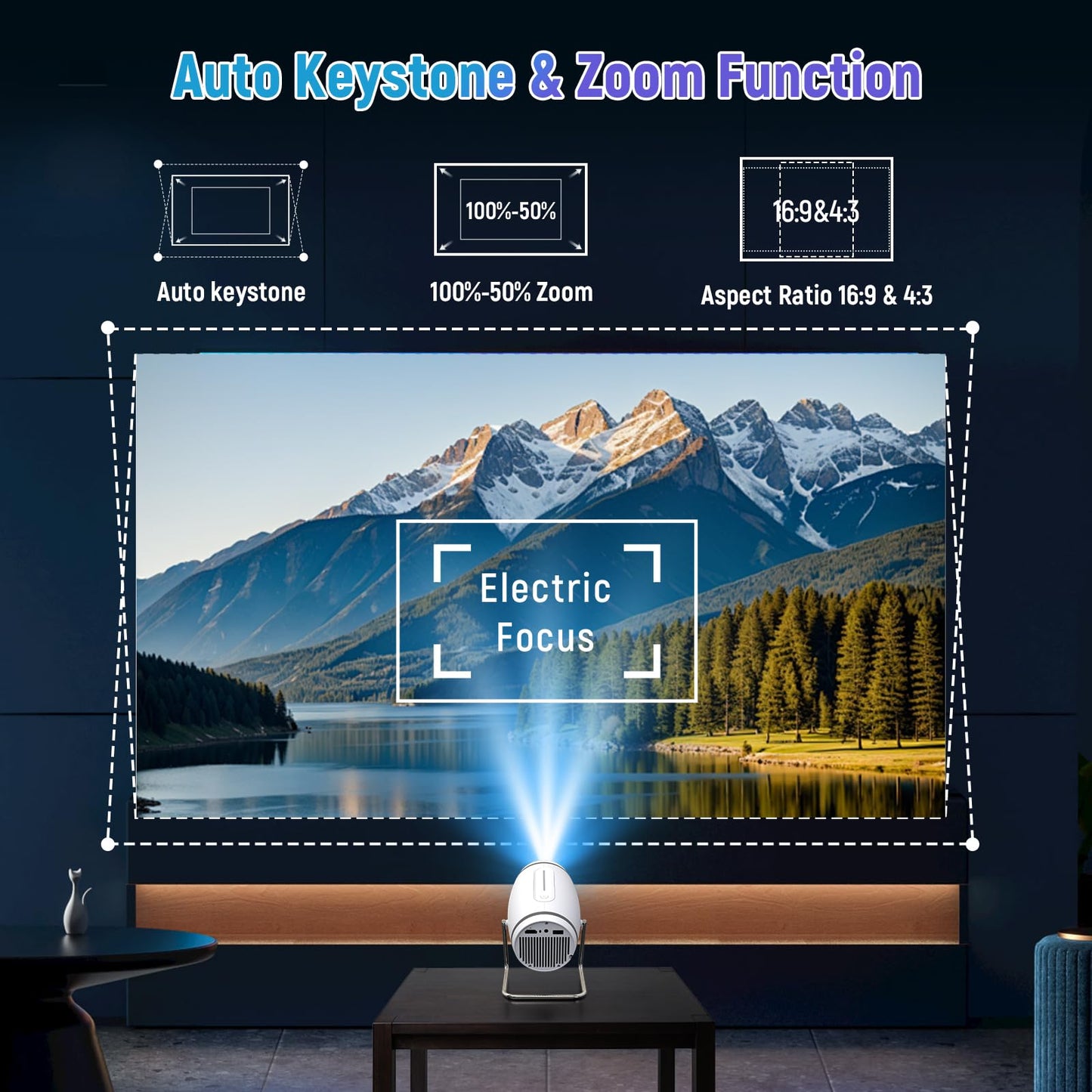 FEARWIKY Mini Portable Movie Projector with WiFi and Bluetooth, 4K 1080P Support, 180° Rotatable 130'' Screen, Auto Keystone Compatible