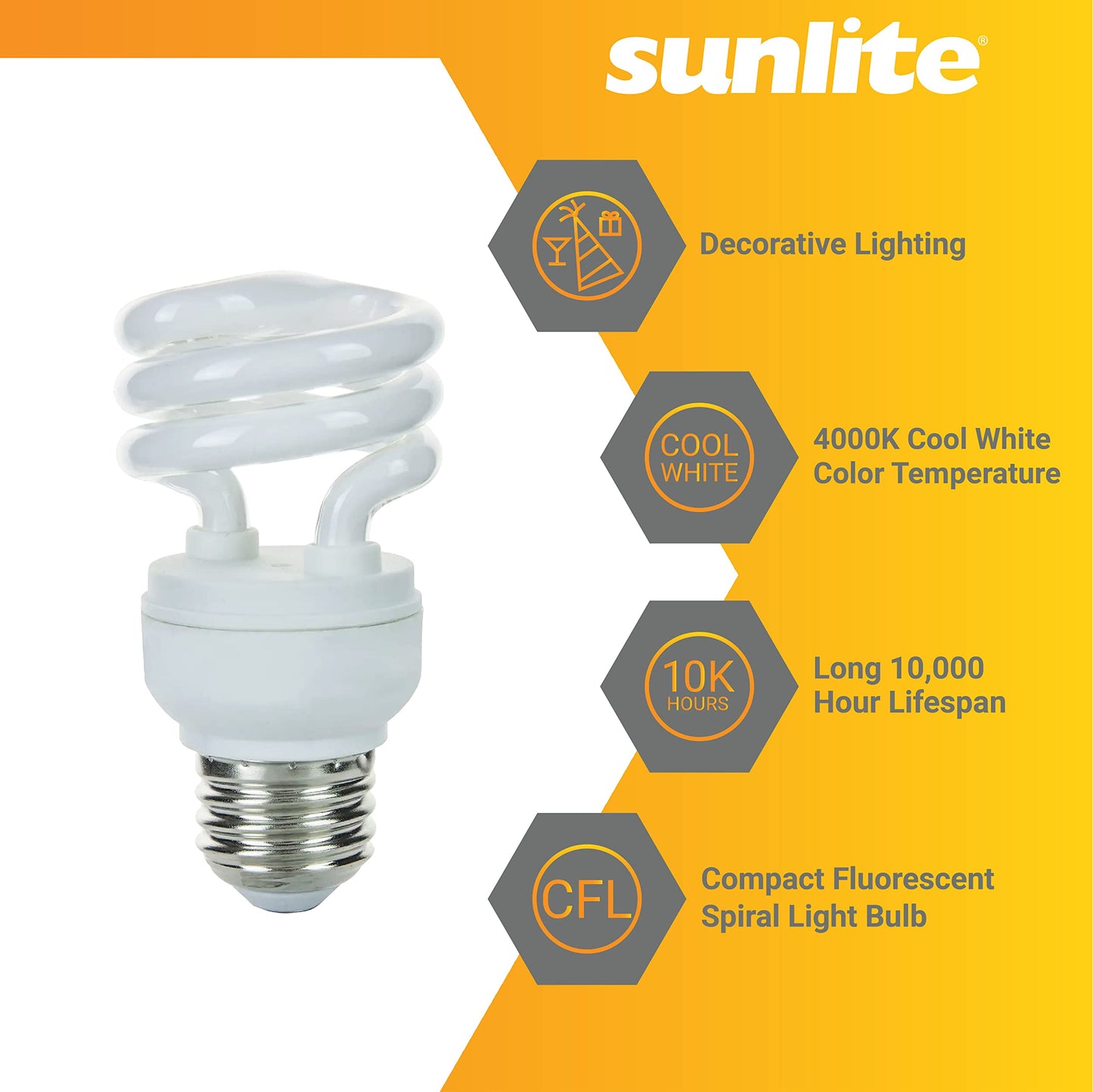 Sunlite 41462-SU Mini Spiral CFL Light Bulb, 9 Watts (40W Equivalent), Medium Base (E26), 500 Lumens, 10,000 Hour Life Span, 4100K Cool White 6 Count