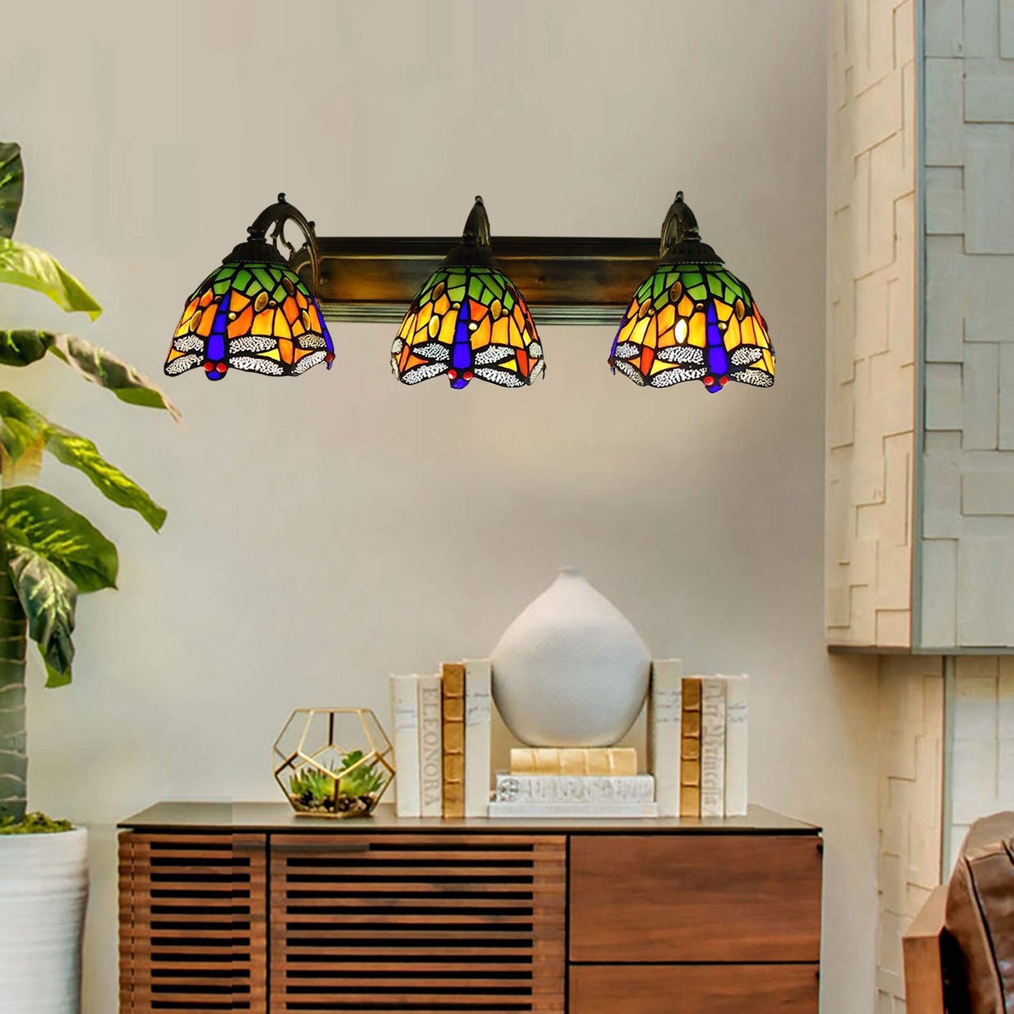 Tiardocge Tiffany Style Wall Mount Lamp, 3-Light Dragonfly Wall Sconce Lamp, Baroque Wall Lamp, Stained Glass Vintage Antique Light for Bedroom Living