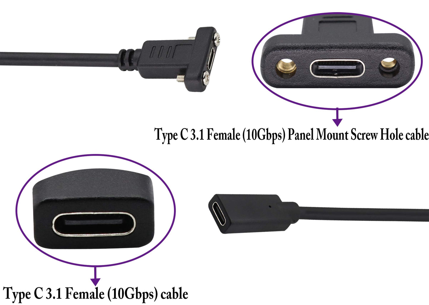 AAOTOKK 3.1Type C to USB C Panel Mount Screw Cable Gen 2 (3A) USB 3.1 Type C Female to Female Panel Mount Cable, Supports Charging,Data,Audio,Video