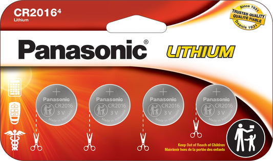 Panasonic CR2016 3.0 Volt Long Lasting Lithium Coin Cell Batteries in Child Resistant, Standards Based Packaging, 4 Pack