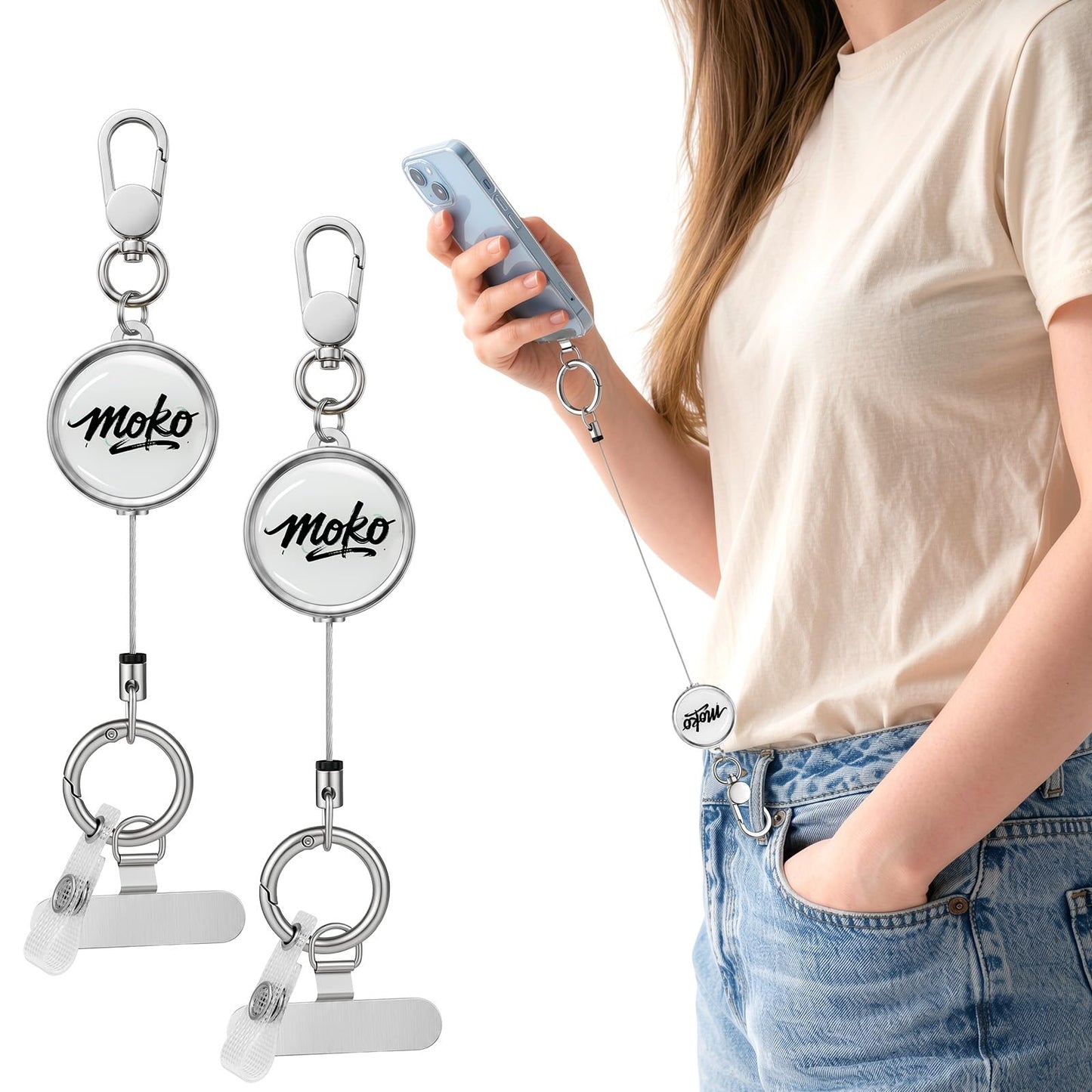 MoKo 2 Pack Anti-Theft Phone Tether, Phone Lanyard Retractable Steel Line Cellphone Strap with KeyChain, ID Badge Holder & Metal Tether Tab