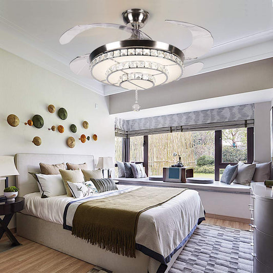 efperfect 42" Crystal Ceiling Fan with Light Retractable Blades Chrome Modern LED Chandelier Remote 3 Color Changes 3 Speeds Silent Ceiling Fans