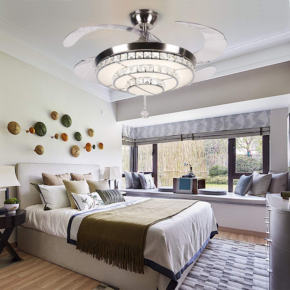 MoreChange 42" Crystal Ceiling Fans with Lights Retractable Blades Remote Control Modern Luxury LED Chandelier Fan 3 Speeds 3 Color Changes Lighting