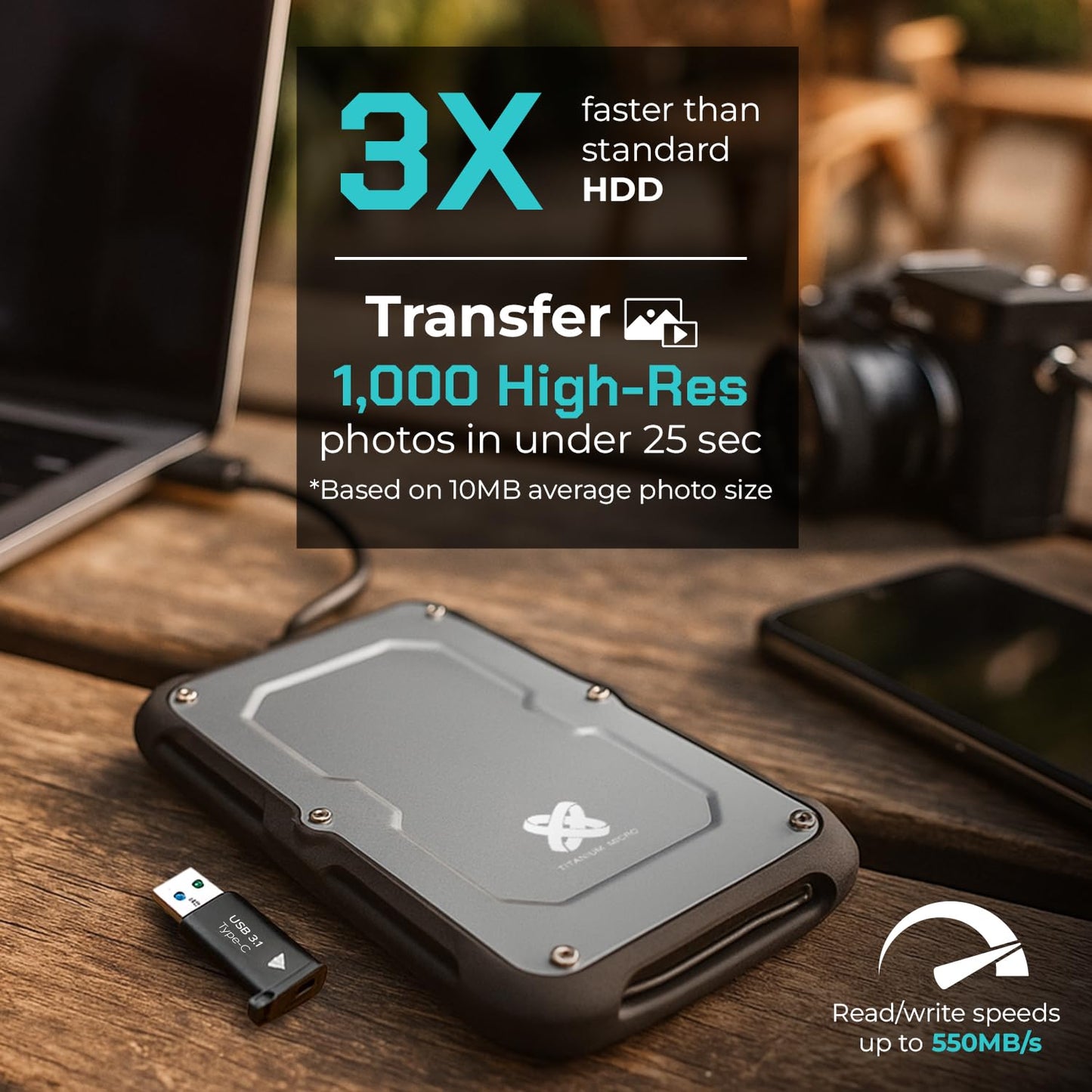 Titanium Micro 500GB External SSD, Titanium One Portable SSD - Up to 550MB/s, USB 3.2 Gen 2 USB-C USBA, Rugged IP66 Water Drop Resistance, External