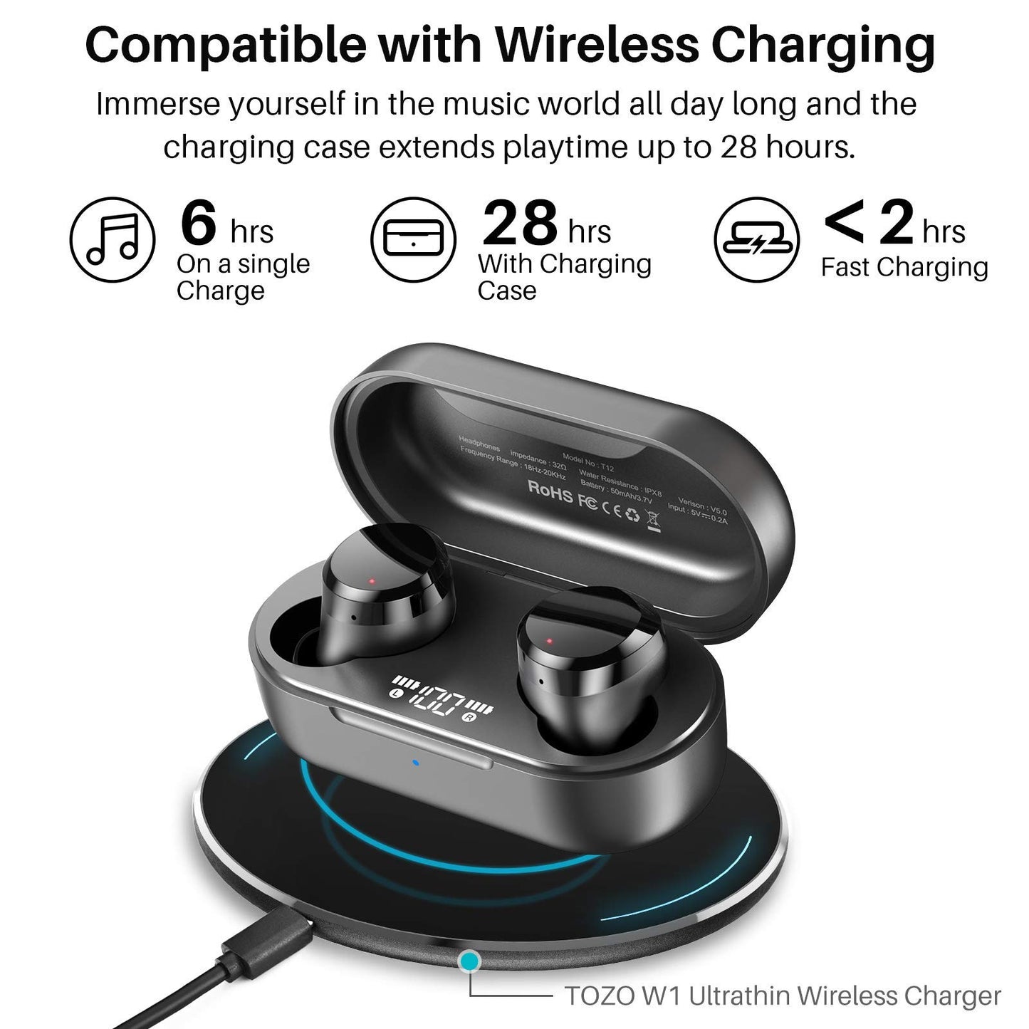 TOZO T12 Wireless Earbuds Bluetooth 5.3, Premium Sound, LED Digital Display