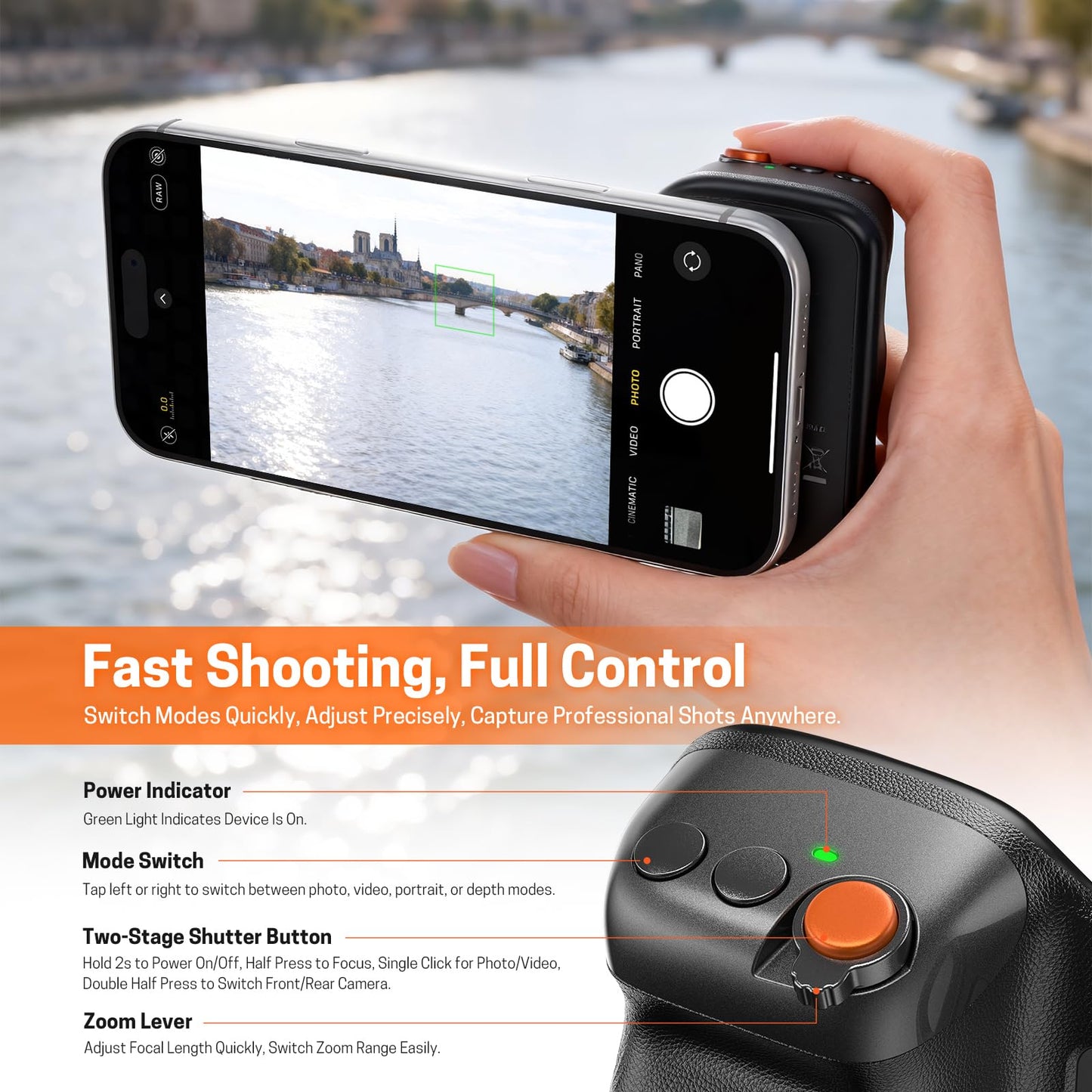Jeebel Magnetic Phone Camera Grip, Smartphone Holder Selfie Handle Snap with Wireless USB Remote Control & 1/4” Screw Mount, Camera Stabilizer