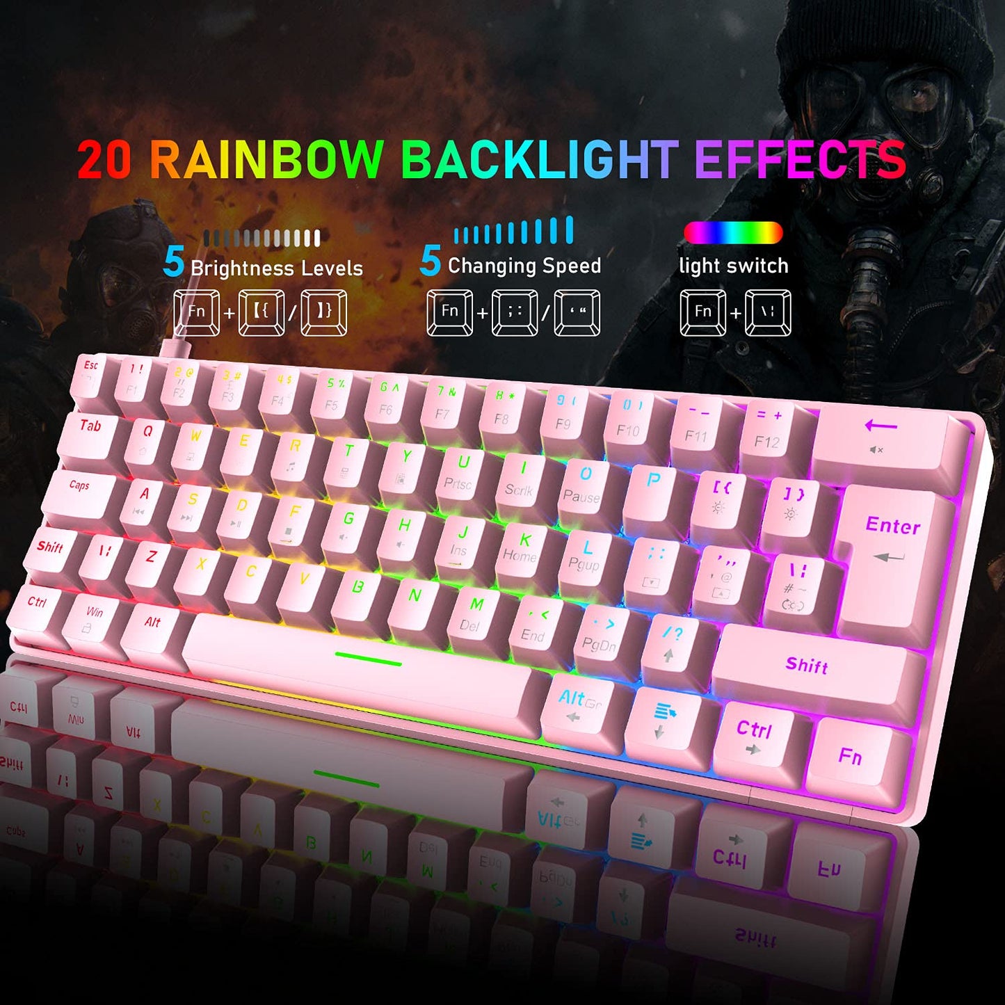 Portable 60% Mechanical Gaming Keyboard, 62-Key Mini Wired Office Keyboard, Blue Switch LED Backlight for Windows Laptop Mac Easy to Travel