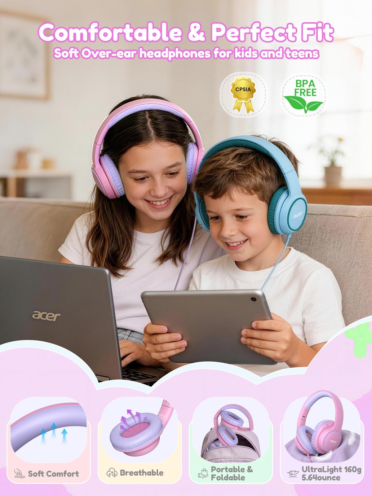 Acer OHW328 Kids Headphones Wired for School - Over Ear Design
