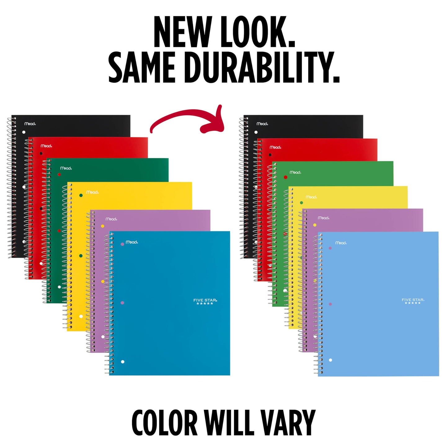 Five Star Spiral Notebook + Study App, 6 Pack, 1 Subject, Wide Ruled 8" x 10.5" Paper, 100 Sheets, Fights Ink Bleed, Water Resistant Cover, Assorted