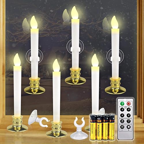 Kithouse 6 Set Christmas Window Candles Lights with Timer Battery Operated Electric LED Taper Candles Flameless for Windows, Gold Candle Holders