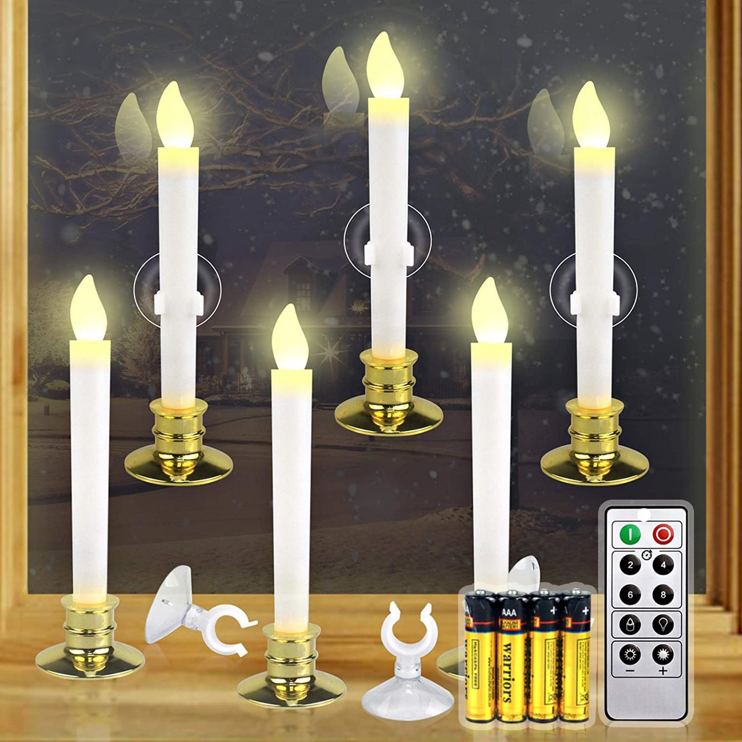 Kithouse 6 Set Christmas Window Candles Lights with Timer Battery Operated Electric LED Taper Candles Flameless for Windows, Gold Candle Holders