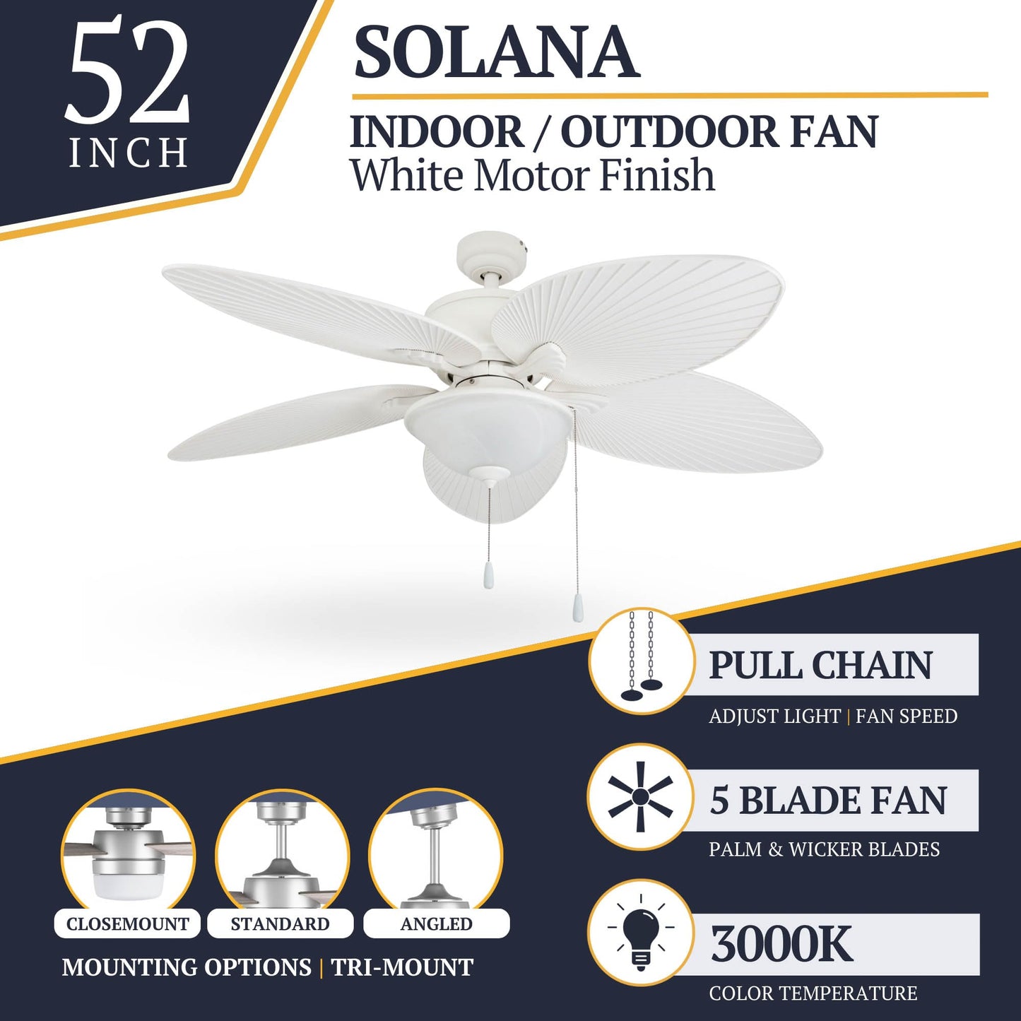 Prominence Home Solana Tropical 52 Inch Indoor Outdoor Ceiling Fan with Glass Bowl Light Kit, Pull Chain, 5 Leaf Blades with Reversible Motor, White
