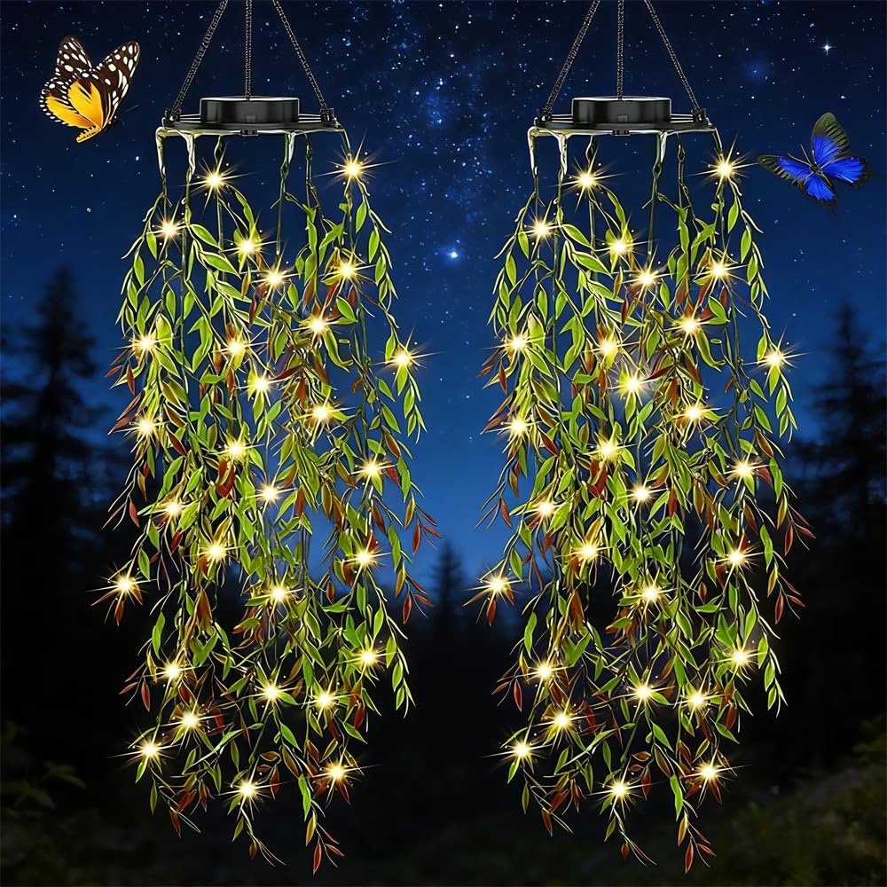 HSBMTBDBF Solar Hanging Garden Lights, 66 LED Artificial Willow Leaf Solar String Lights Outdoor, Birthday Gifts for Her Mom Grandma, IP65 Waterproof