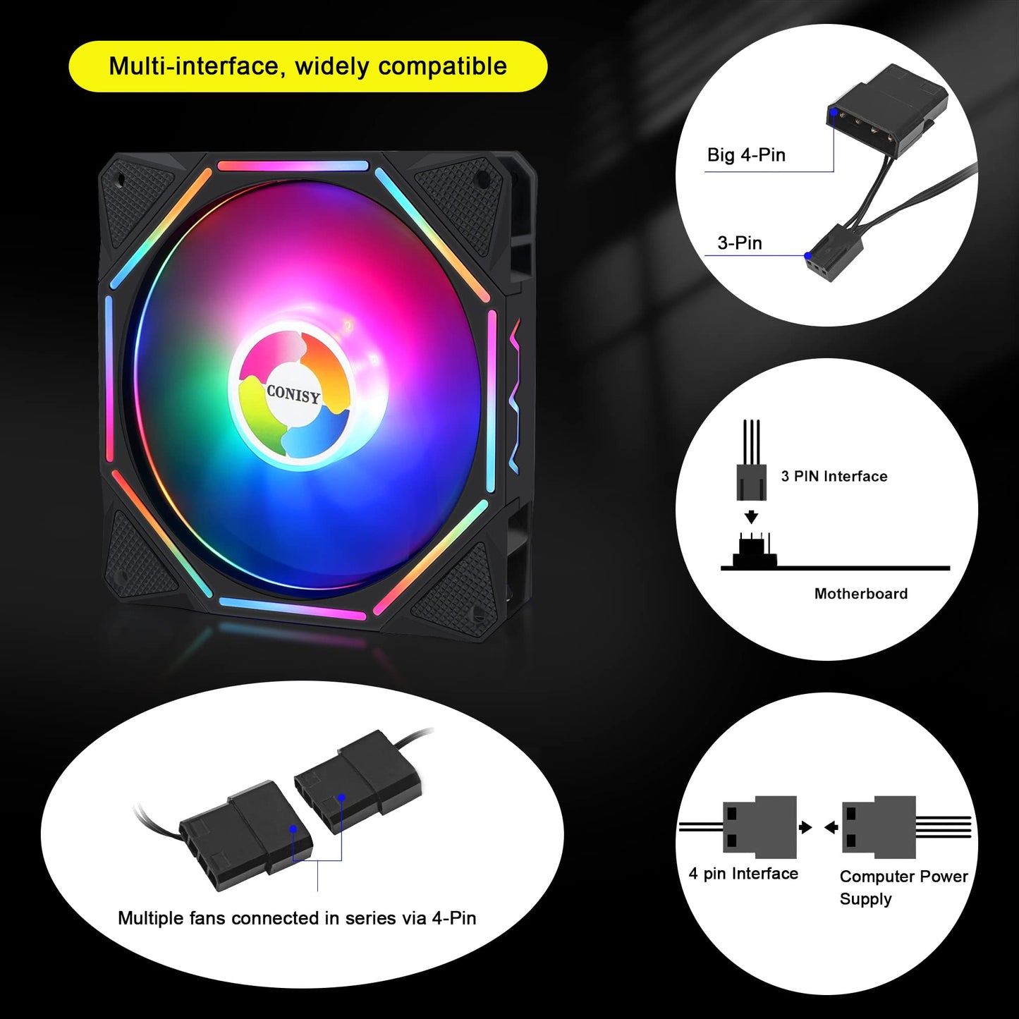 Conisy RGB LED Series 120mm Case Fan for Computer Case, Unique Ultra Quiet Long Life Gaming PC Cooling Fan - Colorful (1PCS)