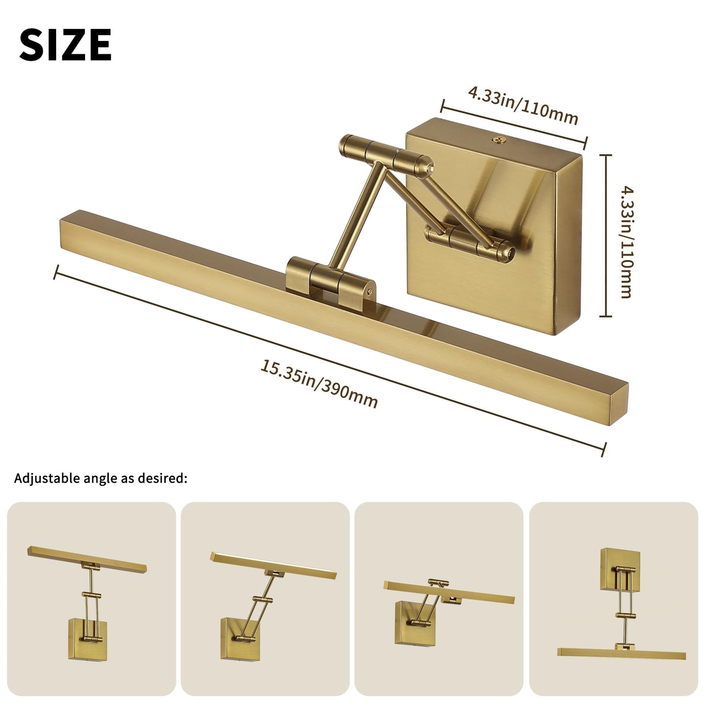 Pasoar Hard-Wired Picture Light Dimmable LED Picture Lights for Paintings 15.7" Inch Brass Metal Body Wall Pictures with Adjustable Gold Swing Arm Art
