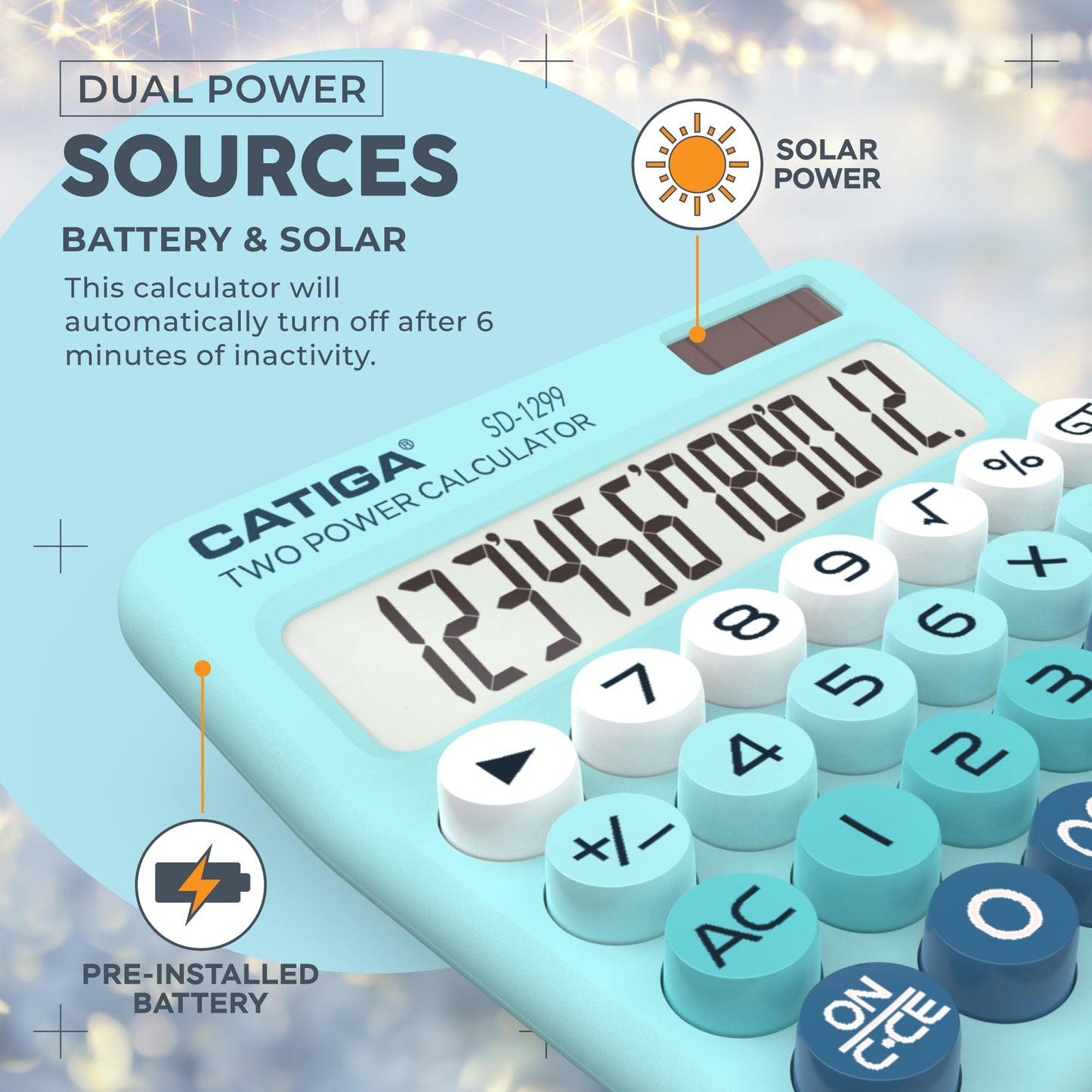 CATIGA Mechanical Switch Calculator with Solar and Battery Dual Power, 12-Digit Large LCD Display, Aesthetic and Cute Desktop Calculator with Big
