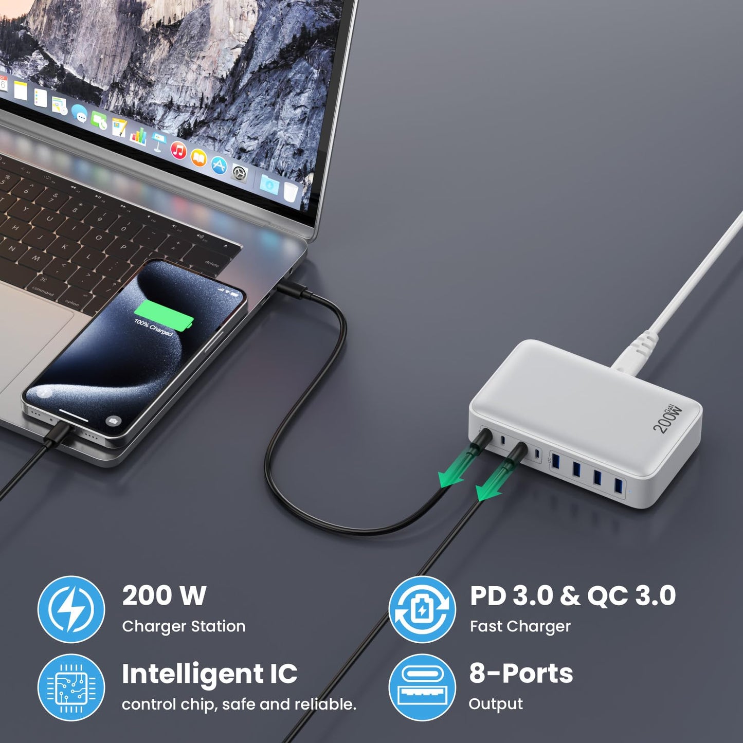 USB C Charger 200W USB C Charger Block,Upgraded GaN III 8-Port Fast Charging Station Hub,PD 65W Laptop Charging Adapter Compatible with MacBook