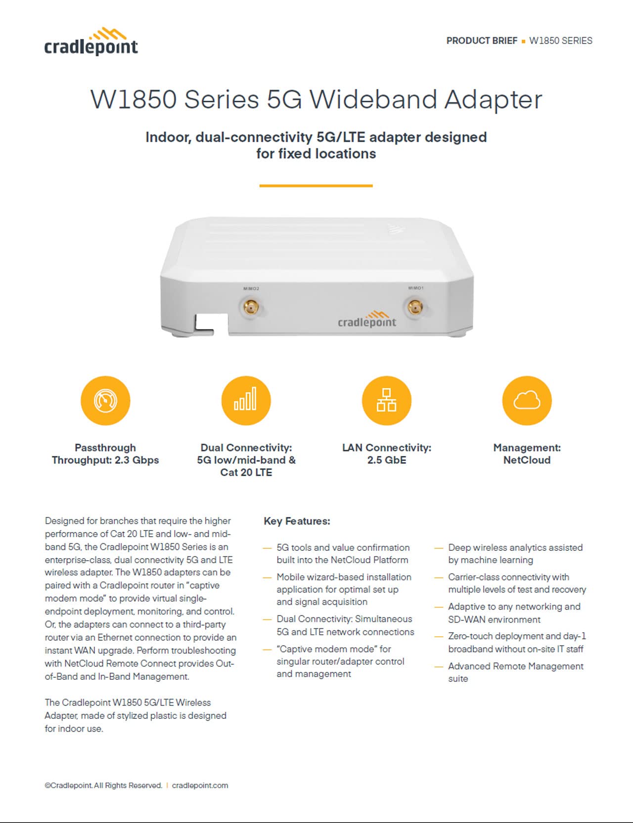3-yr NetCloud Branch 5G Adapter Essentials Plan and W1850 Adapter (5GB Modem, 4FF SIM), Americas