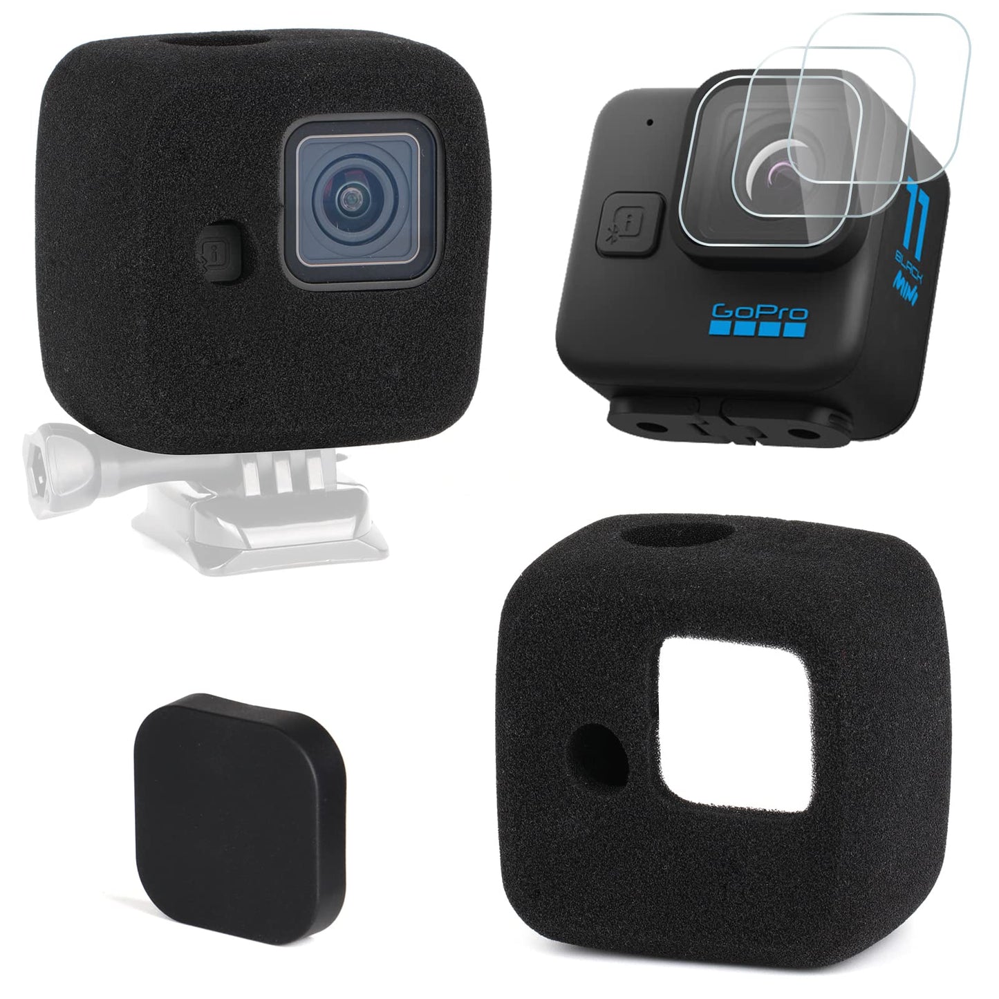 HSU Windslayer Cover and Lens Screen Protector for GoPro Hero 11 Black Mini, Windslayer Cover (2 Pack) + Screen Protector (3 Pack) + Lens Cap, Video