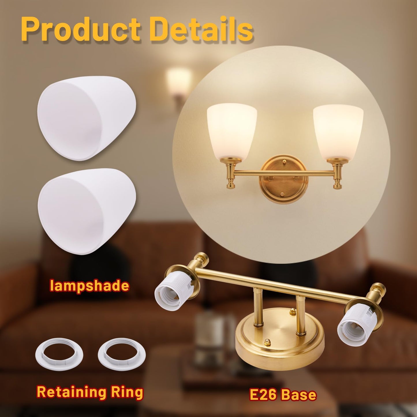 Bathroom Light Fixtures, 2-Light Brass Vanity Light with Milk Glass Shade Vintage Above Mirror Lamp Wall-Mounted Wall Sconce for Bedroom, Living Room