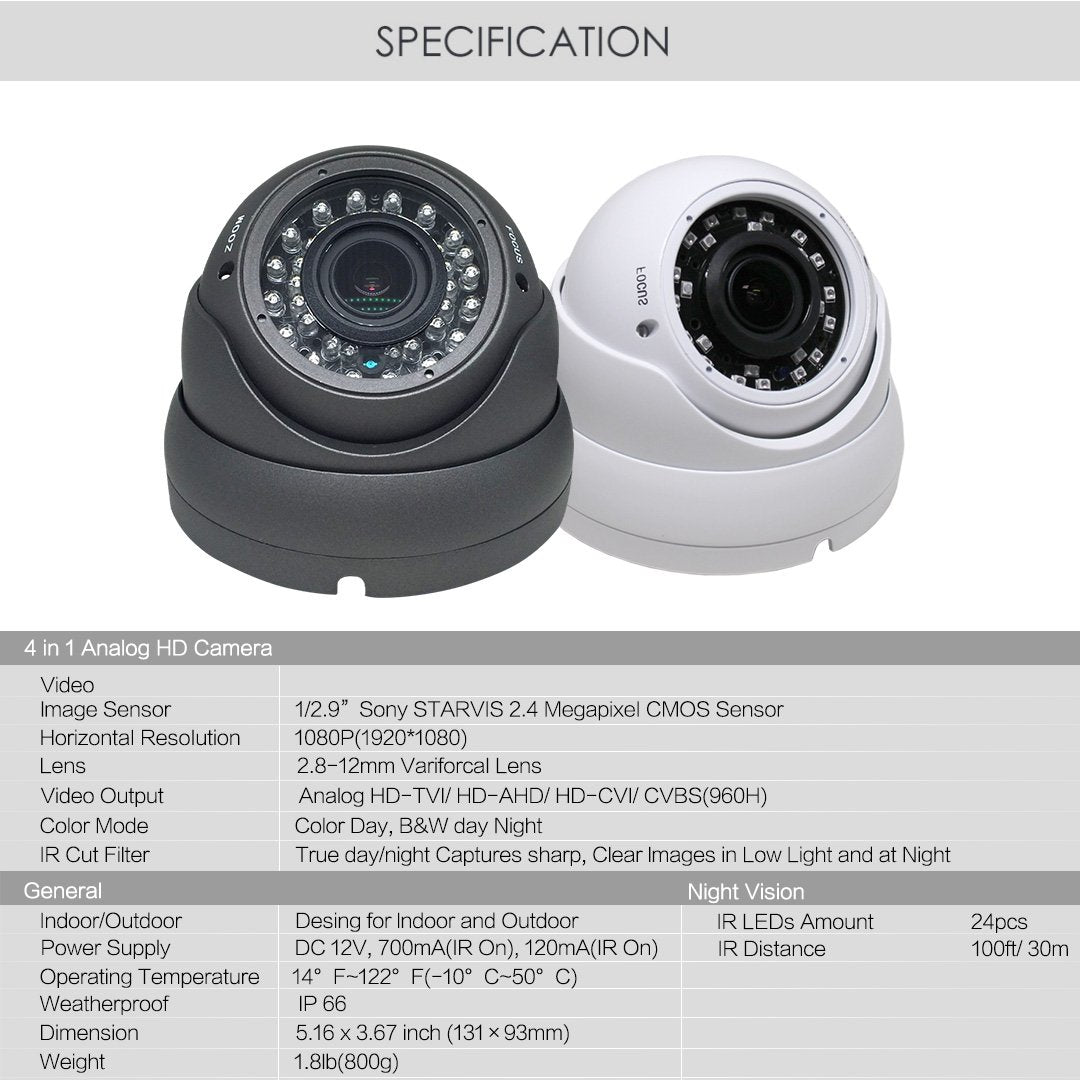 SVD, HD-TVI 1080P Full HD, 4 in 1 All Compatible (CVBS/TVI/AHD/CVI) Video Output, 2.8-12mm Vari-Focal Turret Security Camera, Night Vision