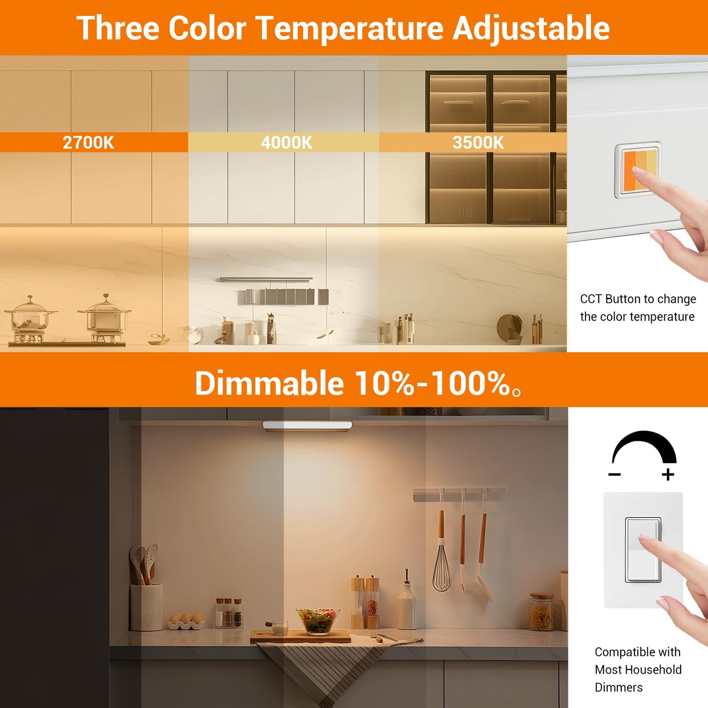 Dawnrise 24" Hardwired Under Cabinet Light,Linkable,1270 Lumens,3 Color Selectable,Brightness Adjustable,Under Counter Lights for Kitchen,Wide