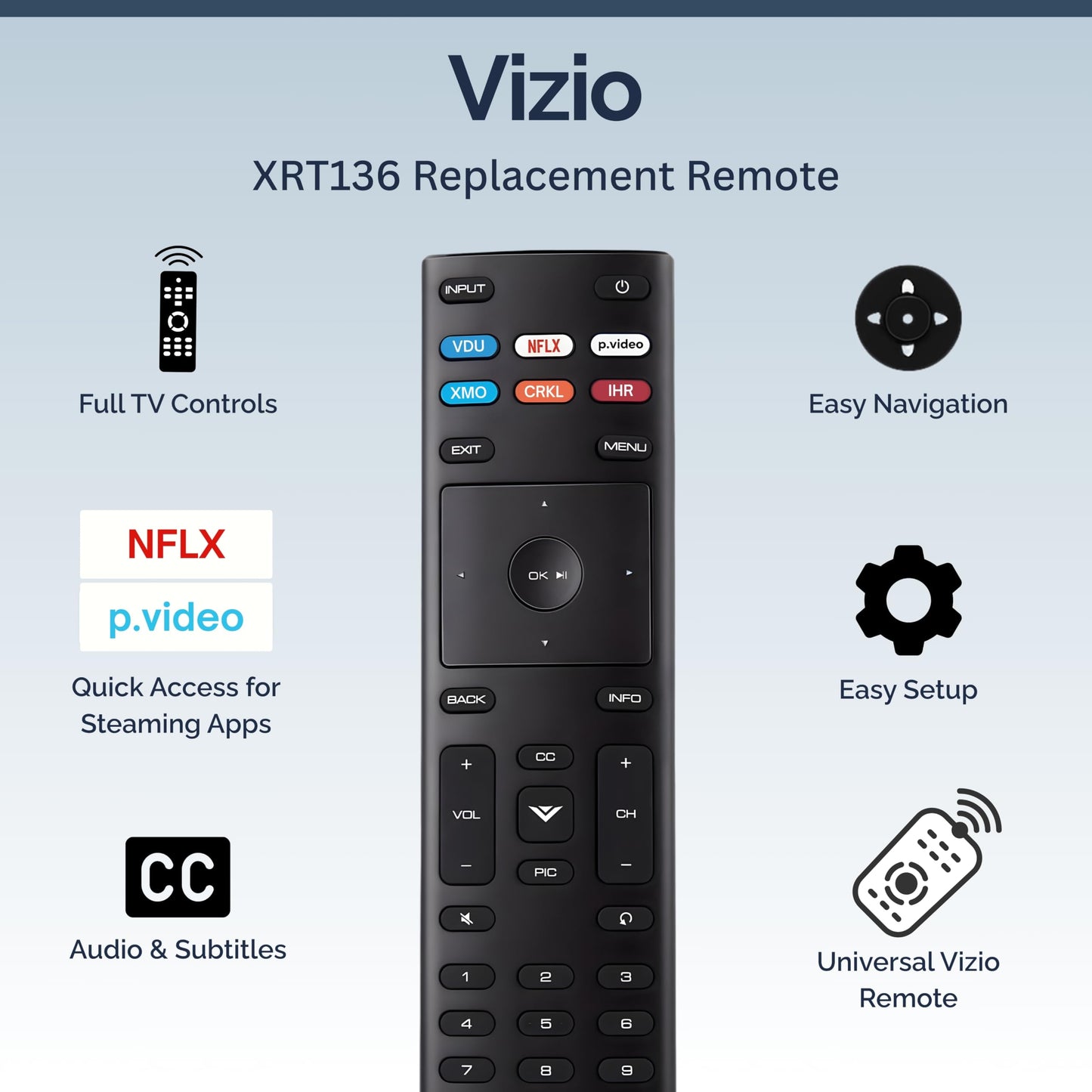 XRT136 Vizio Smart TV Remote Replacement - Easy Setup, Infrared, Shortcut Keys, Universal Remote for SmartCast TVs - Vizio Remote Control Replacement