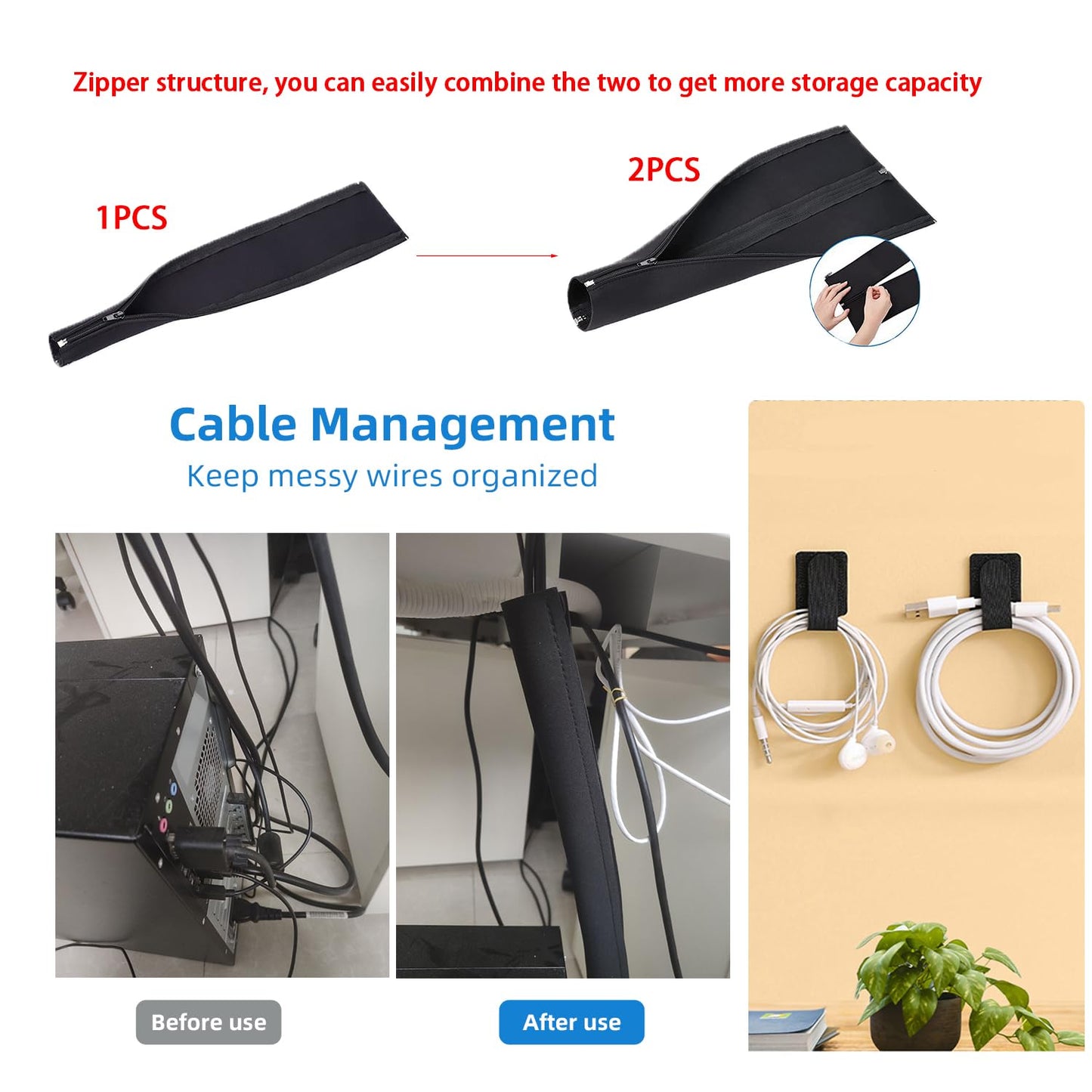 189PCS Cable Management Kit, 6 Cable Sleeve40 Cable Clips with 11Cord Holders, 2 Roll Self Tie, 10 Self Adhesive Cord Organizer, 100 Fastening Cable