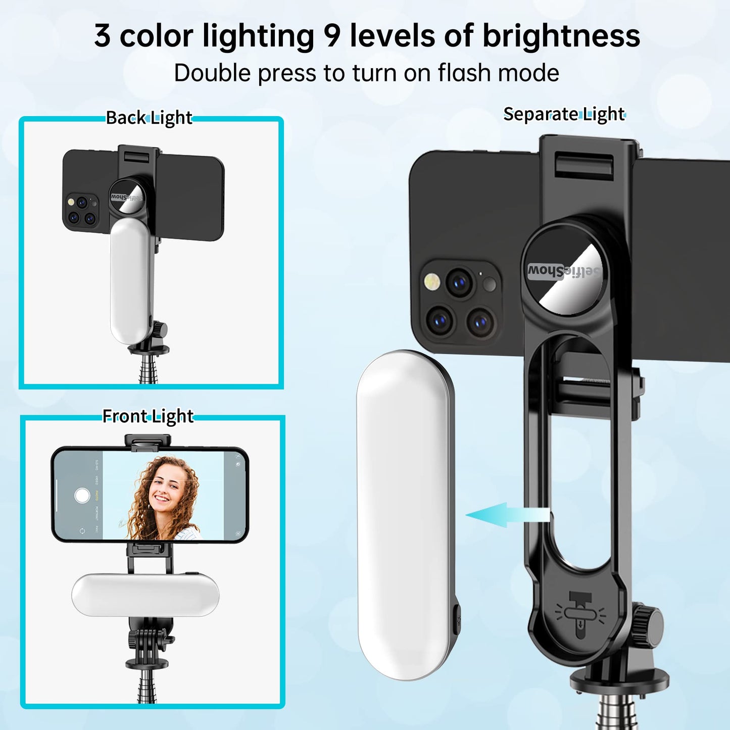 Stable Selfie Stick Tripod with Fill Light, 44 Inch Extendable Selfie Stick with Wireless Remote and Tripod Stand 360 Rotation for iPhone