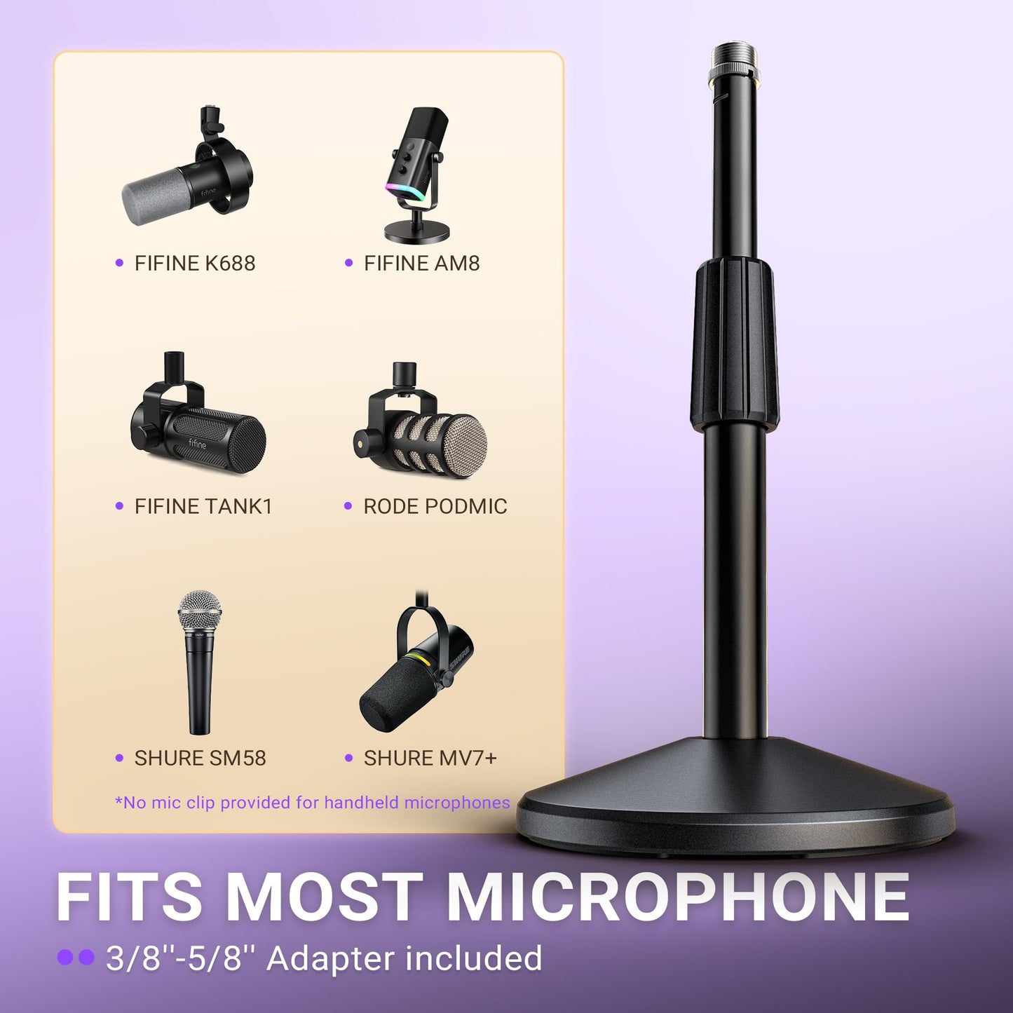 FIFINE Desktop Microphone Stand, Adjustable Heavy Duty Weighted Base Tabletop Mic Stand with Twist Clutch & 3/8'' to 5/8'' Screw, for Streaming