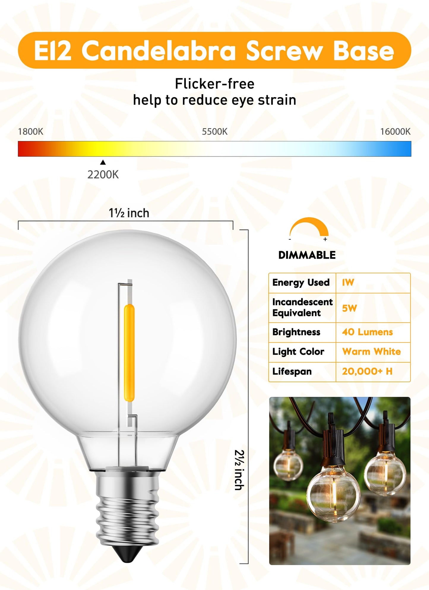 G40 Led Replacement Light Bulbs 1W Shatterproof Globe Bulb fits E12 Candelabra Screw Base, 1.5 Inch Dimmable Light Bulbs for Indoor Outdoor String