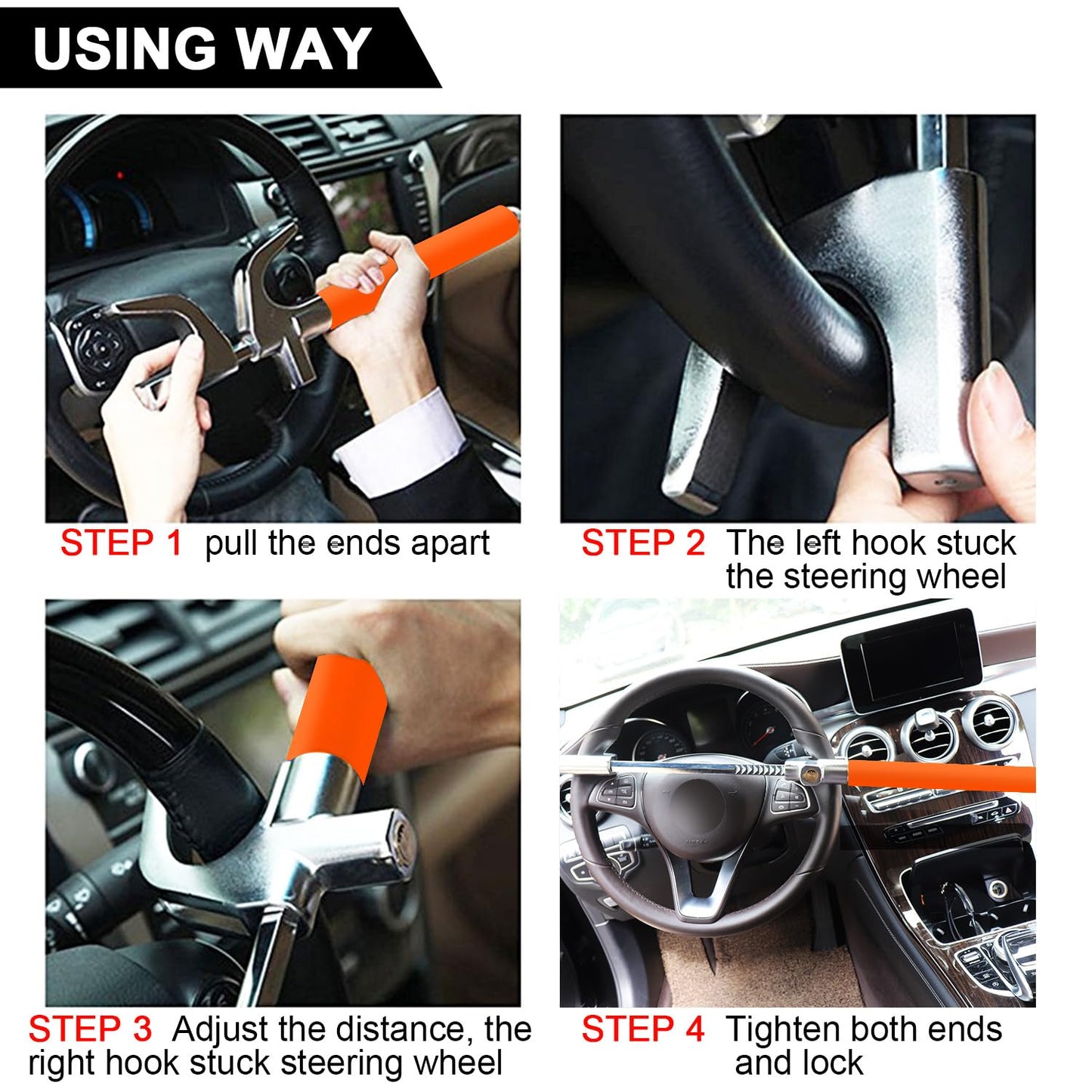 Tevlaphee Steering Wheel Lock, Steering Lock, Car Anti-Theft Device, Adjustable, Universal Fit, Heavy Duty Secure, 3 Keys, Emergency Hammer Window