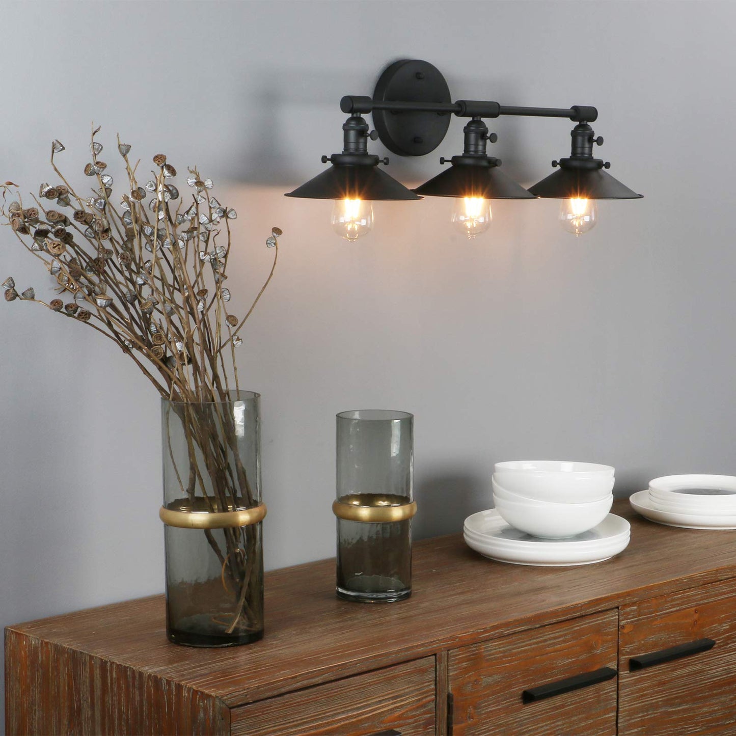 Phansthy Bathroom Vanity Light Fixtures, 3 Light Wall Sconces Lighting with 7.9" Black Metal Shade, Wall Lights for Mirror, Kitchen, Living Room