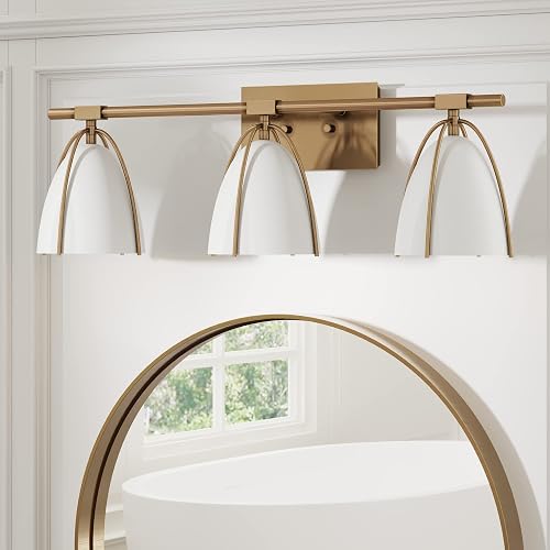 Nathan James Aubrey 3-Lights Farmhouse Wall Light Fixture, Bathroom Vanity Light with Brass Metal Frame and Gold and White Cage Shades for Bathroom