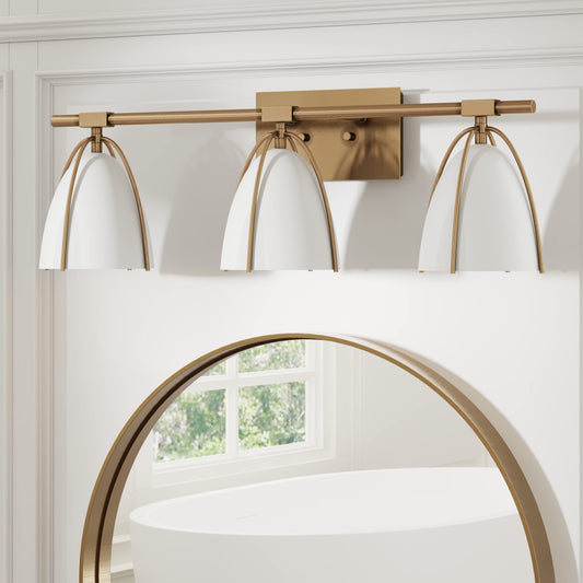 Nathan James Aubrey 3-Lights Farmhouse Wall Light Fixture, Bathroom Vanity Light with Brass Metal Frame and Gold and White Cage Shades for Bathroom