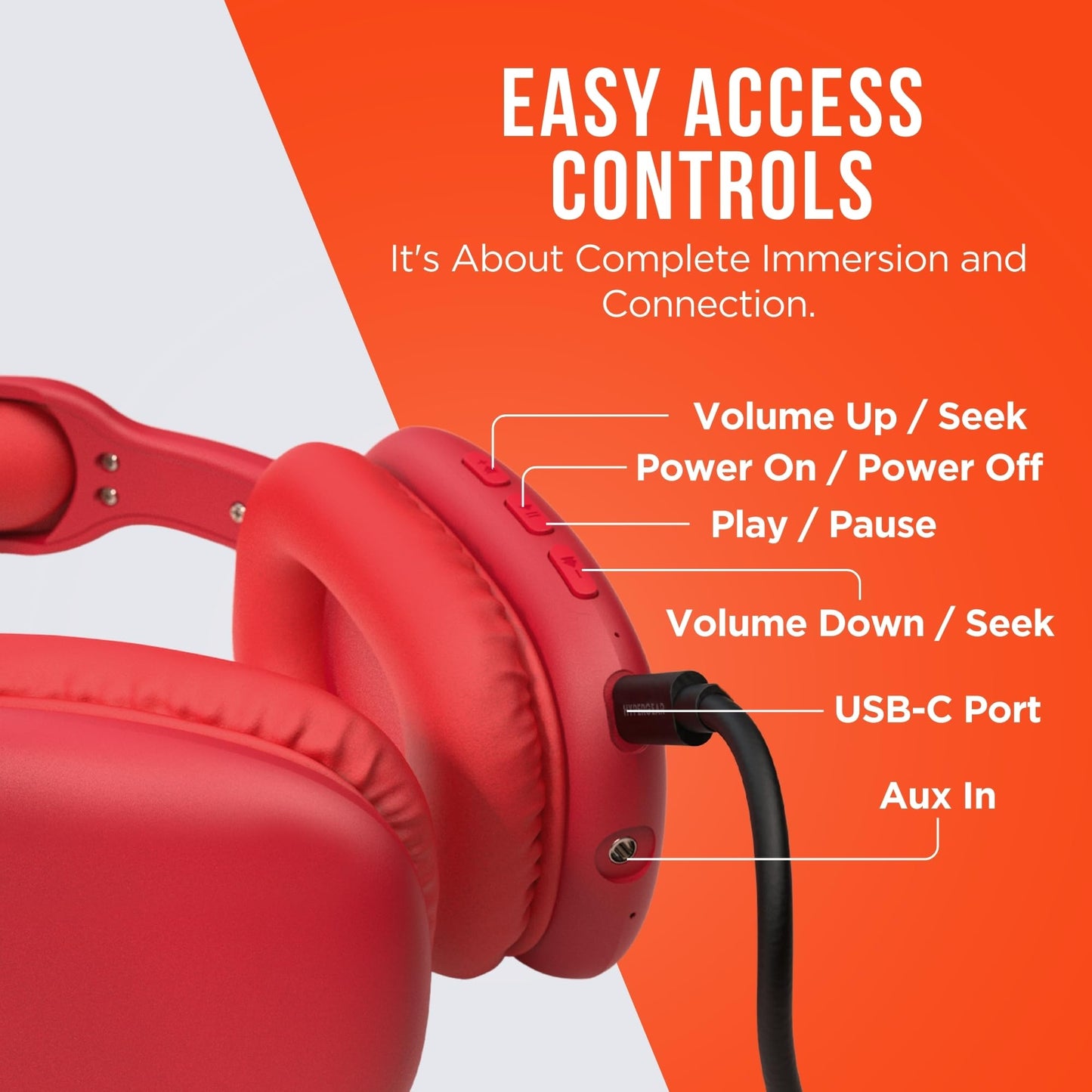 HyperGear Over-Ear Headphones - Wireless Bluetooth Headphones with Noise Isolation, Built-in Mic, Soft Memory Foam Cups for All-Day Comfort, Red