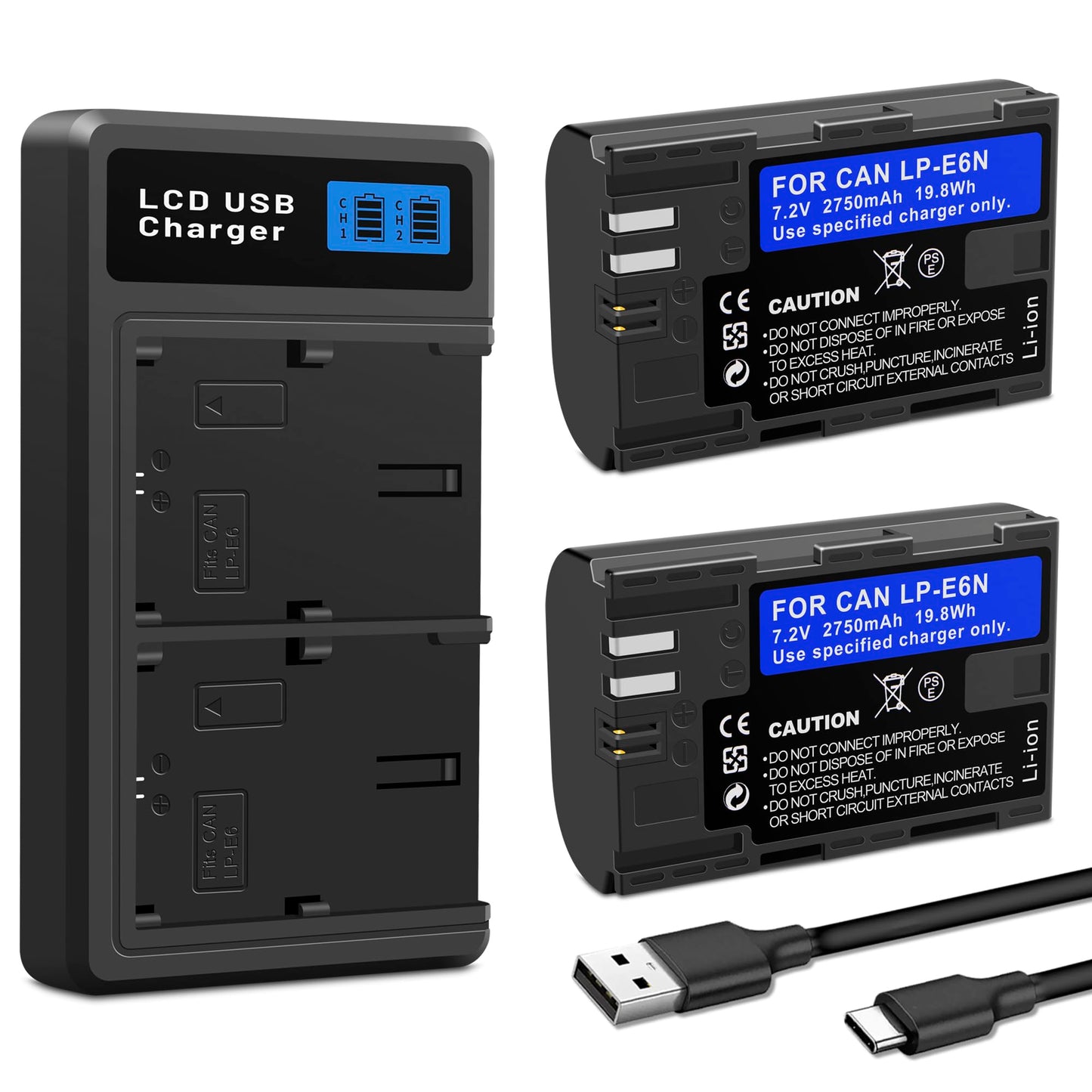 2Pcs LP-E6N Battery, Dual Slot Charger Box Compatible for Canon EOS R7, R6, R5, R, 6D Mark II, 5D Mark IV, 5D Mark III, 5DS, 5DS R, 5D Mark II, 80D