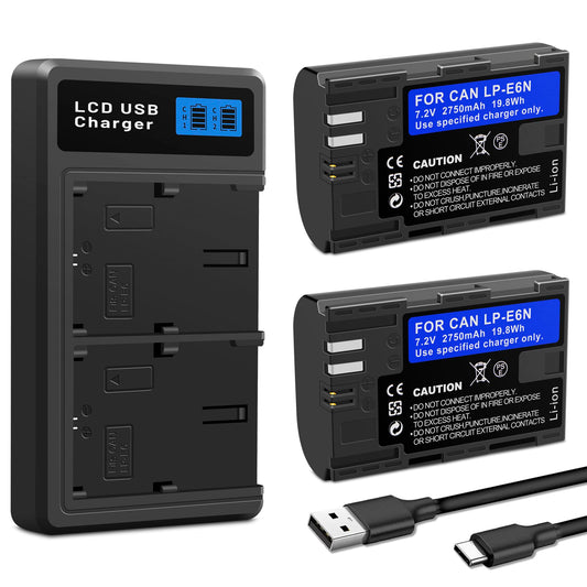 2Pcs LP-E6N Battery, Dual Slot Charger Box Compatible for Canon EOS R7, R6, R5, R, 6D Mark II, 5D Mark IV, 5D Mark III, 5DS, 5DS R, 5D Mark II, 80D