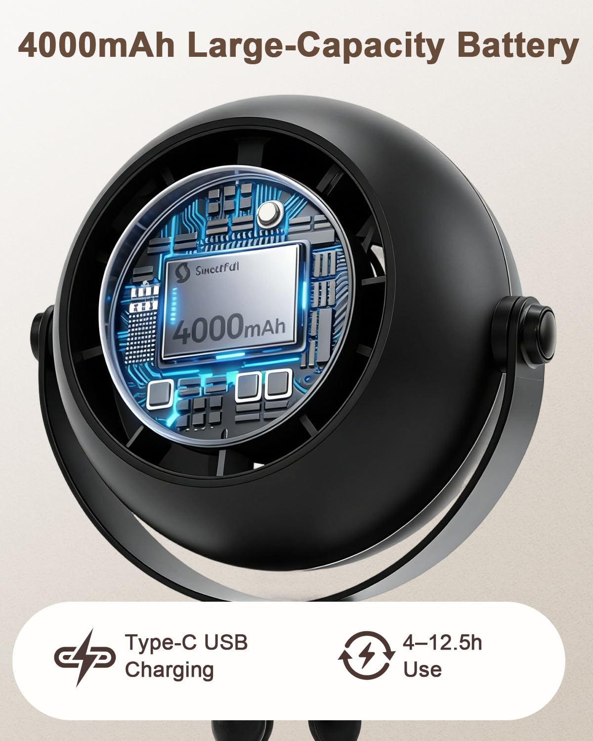 FIALAME Portable Stroller Fan,4000mAh Portable Fan for Stroller Rechargeable with Flexible Tripod,12.5H Battery,3 Speeds,LED Display,360° Rotate,Clip
