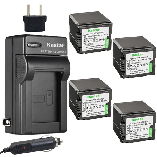 Kastar Battery 4-Pack + Charger Kit for VW-VBG260 AG-AC7 AG-AF100 AG-HMC40 AG-HMC80 AG-HMC150 HDC-HS250 HDC-HS300 HDC-HS700 HDC-SD600 HDC-SD700