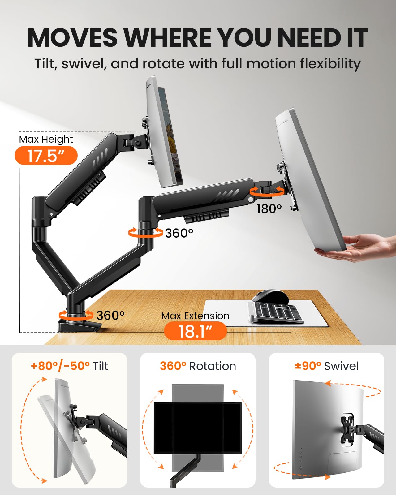 ErGear Dual Monitor Arm, Full Adjustable Monitor Mount for 13-32? Screens, Fast Install Computer Monitor Stand with Tool-Free VESA Mount, Max Load