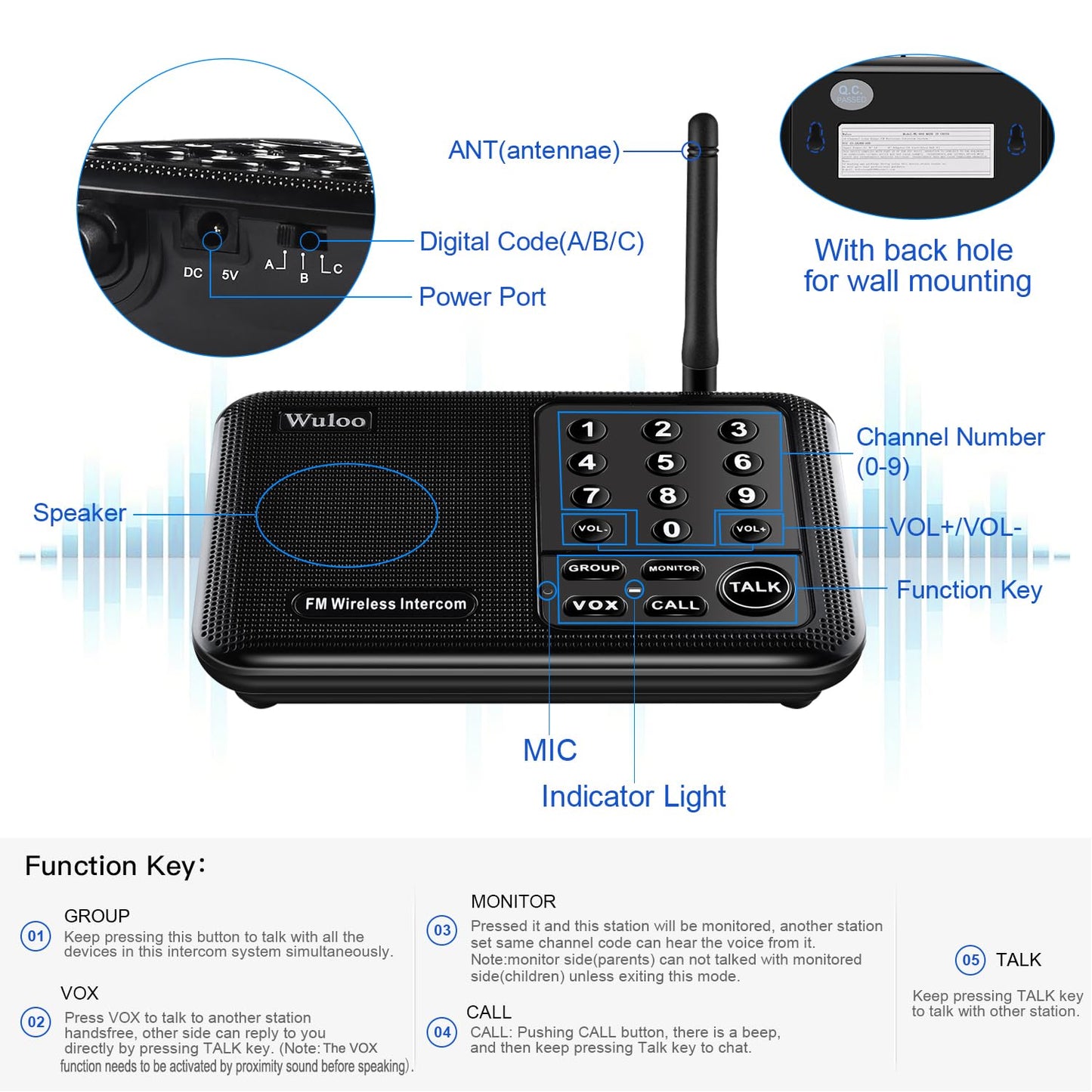 Wuloo Wireless Intercom System for Home 1 Mile Range 10 Channel 3 Code, Intercoms Wireless for Home House Business Office, Home Communication System