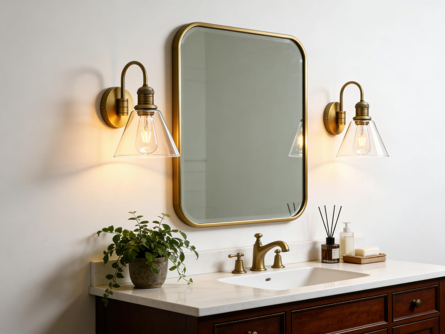 Yosoan 1-Light Brass Modern Vintage Indoor Wall Sconce, Vanity Single Luxury Hardwired Retro Textured Clear Funnel Flared Glass Shade with Industrial