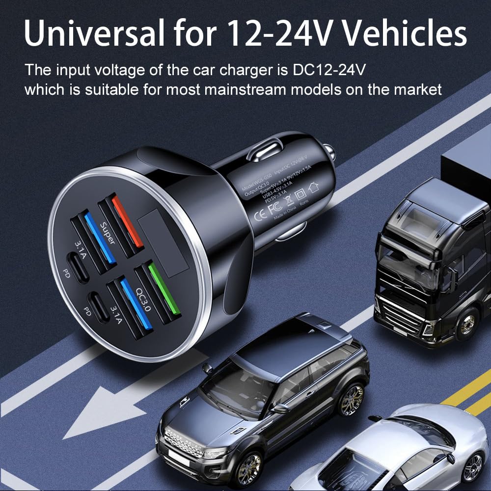 MESA'S LIVE 6-Port Car Charger USB C, 100W Max PD 65W QC3.0 Fast Charging, LED Voltage Display, 12/24V for Car/Truck/RV, Compatible with iPhone