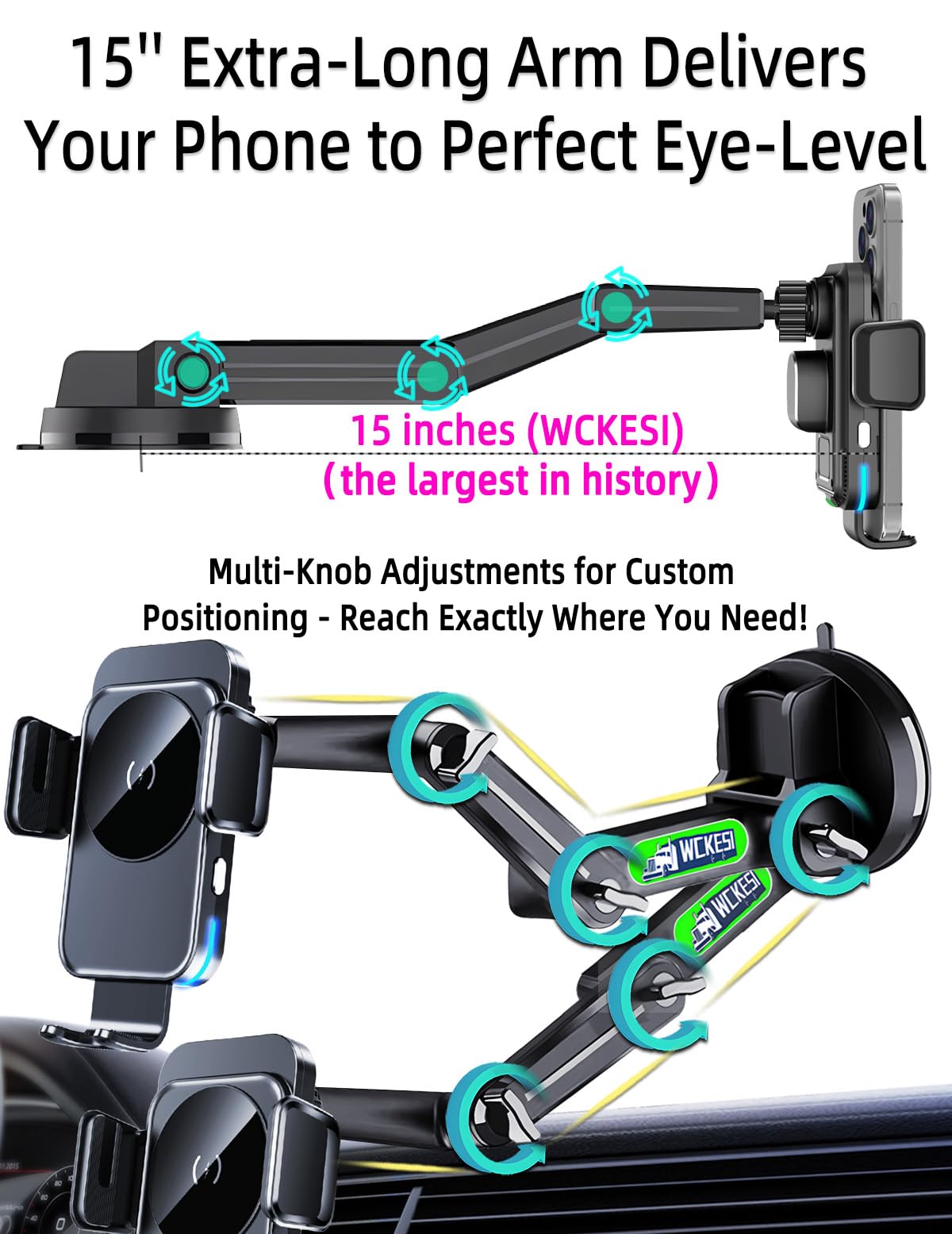 WCKESI Wireless Car Charger Phone Holder Mount for Truck, 15W Fast Charging ?15 inch Long Arm? Heavy Duty Phone Holders for Your Car Windshield