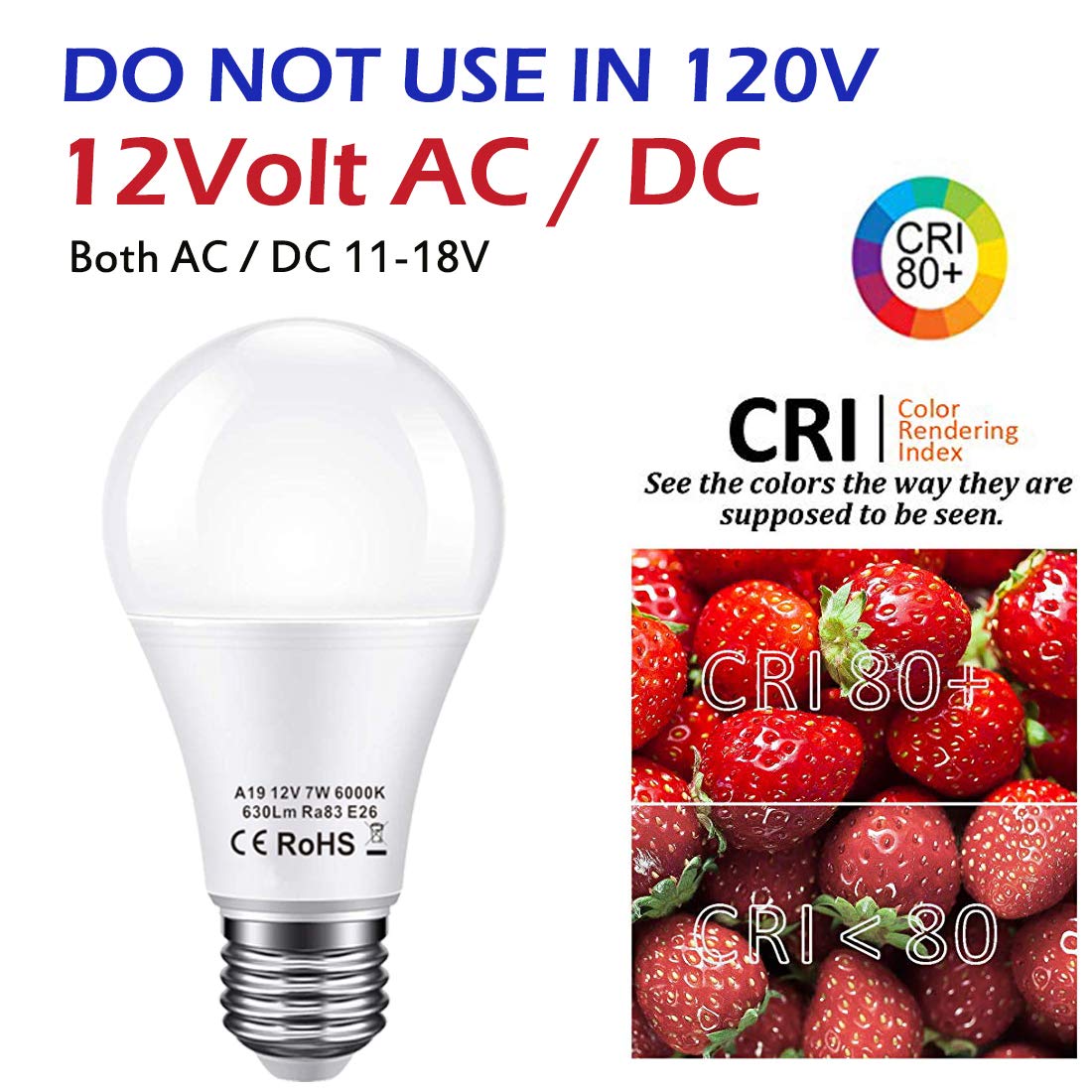 BAYSHE 12V Low Voltage LED Light Bulb E26 Base, 7W 630LM Cool White 6000K