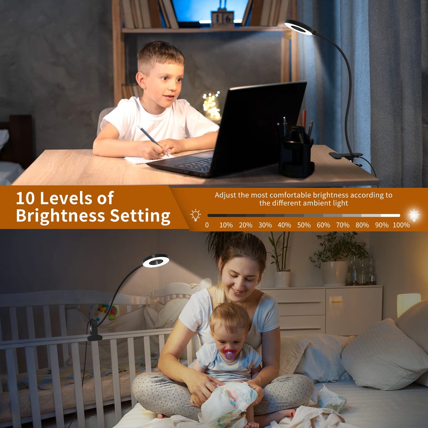 iZELL Desk Lamp, [3 Color Modes & 10 Brightness] LED Reading Light with Clamp, Silicone Flexible Arm Book Light for Kids Reading Book in Bed at Night