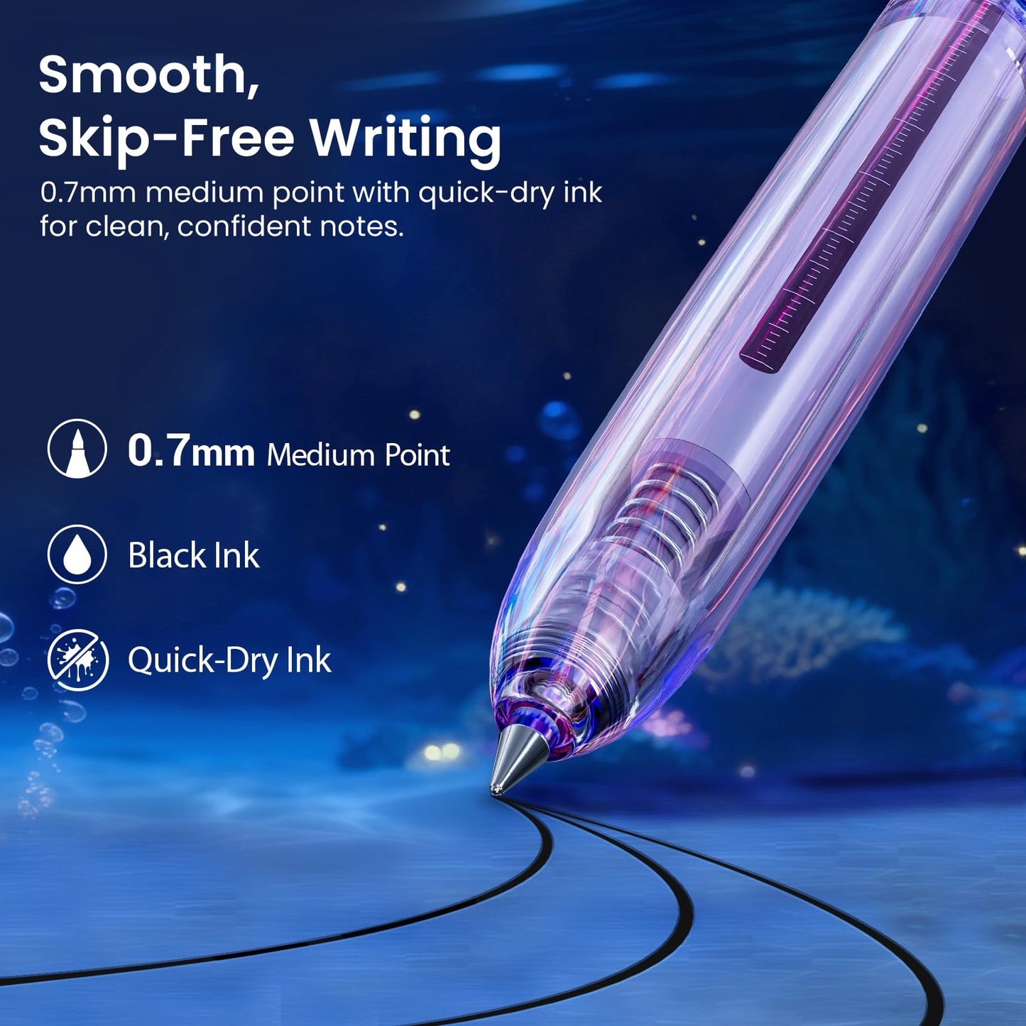 WRITECH Gel Pens Medium Point: Luminous pen set 0.7mm, Black Ink, Includes 2 Pens and 2 Refills, Silent Clicker, Smooth Writing for School Office